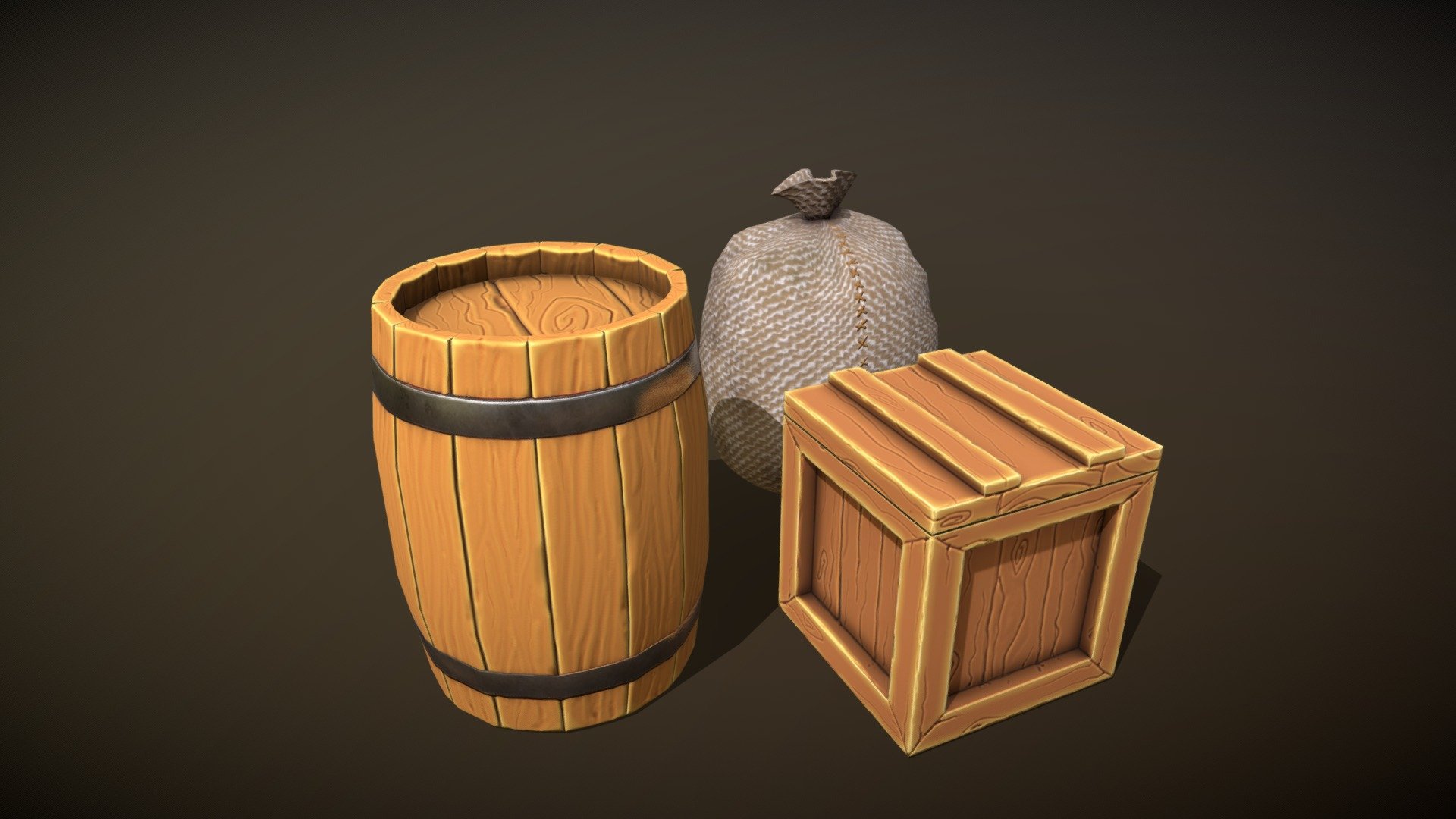 Handpaited stylized game asset, low poly containers in cartoonish style. Ready for gamedev. Every prop has a separated 2K  .png textures. Barrel: albedo, normal, metalness and roughness  Box and Sack: albedo and normal. Normal Maps are OpenGL. Check my profile for more stylized props and wright to me if you have any questions 3d model