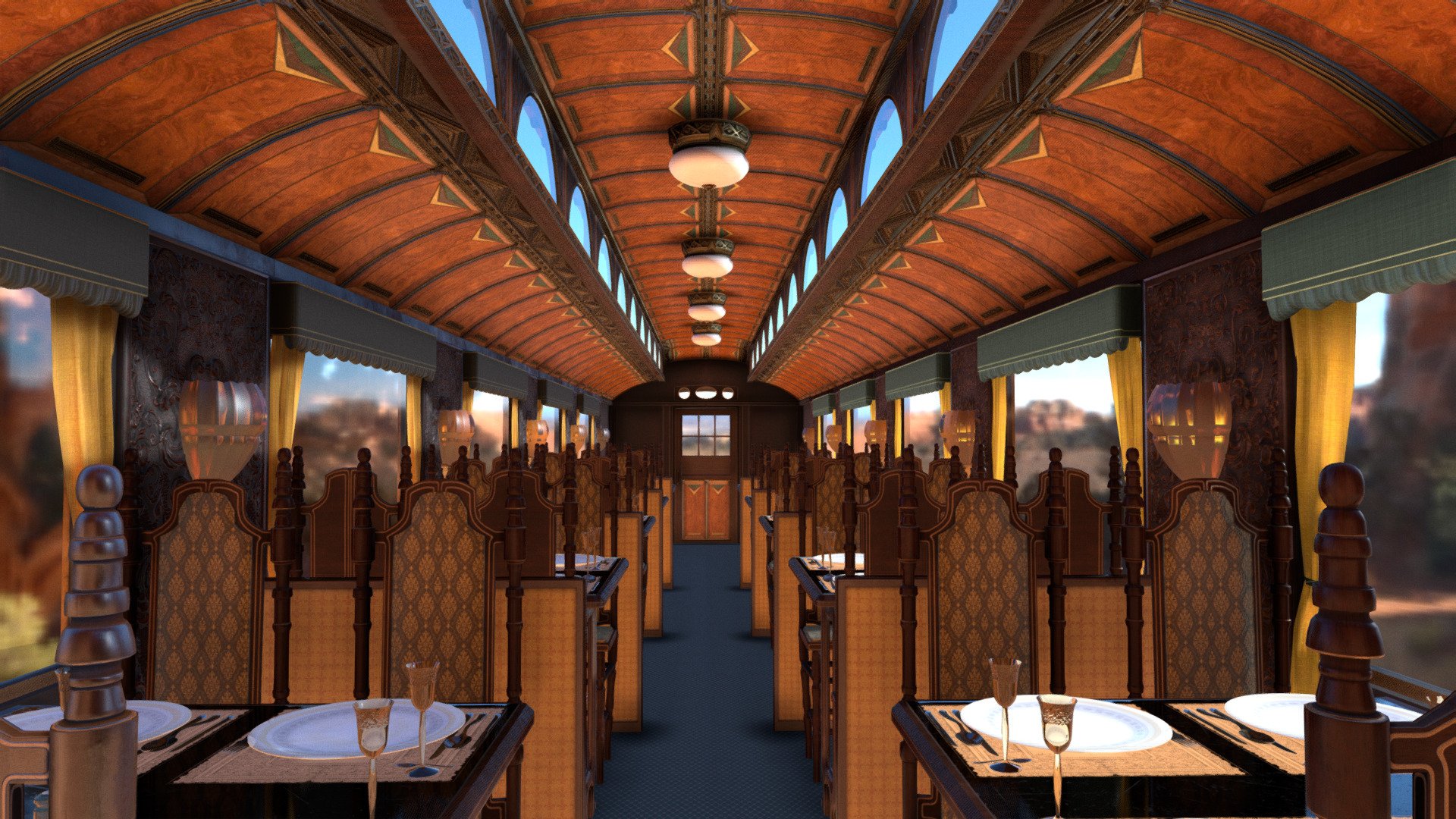 Deluxe Victorian train interior and exterior with optimised textures. 
Includes luxury restaurant accessories such as carved chairs, cloth tablecloths, plates with cutlery and glasses 3d model