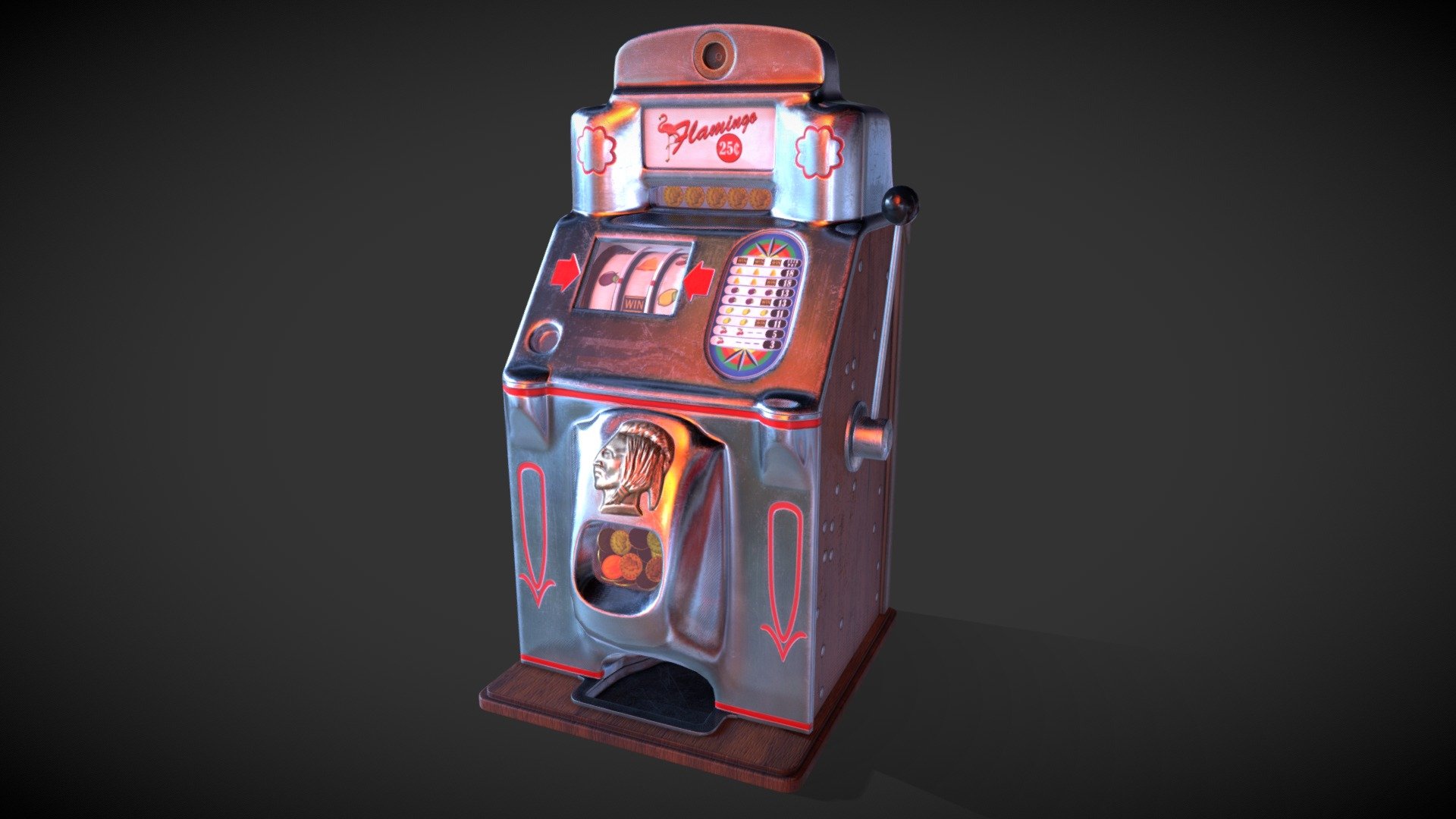 I was impressed by the design of this retro slot machine, so decided to make this model as training project.
It uses one 2k texture set 3d model