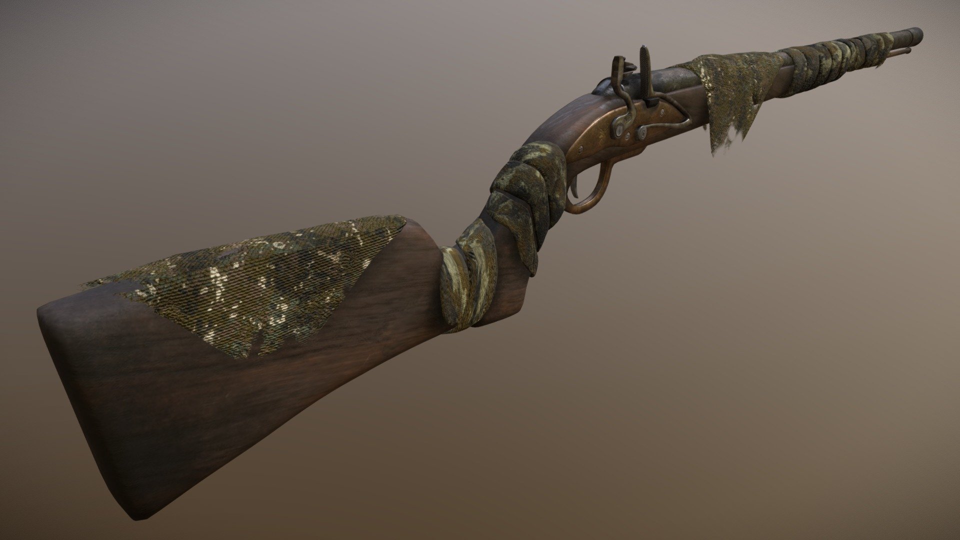 A traditional 16th century flintlock musket that has been modified to blend in with the forest.

Modeled in Maya, textured in Substance with 2k textures. (see engraving near firing mechanism)

No physics/cloth simulation used 3d model