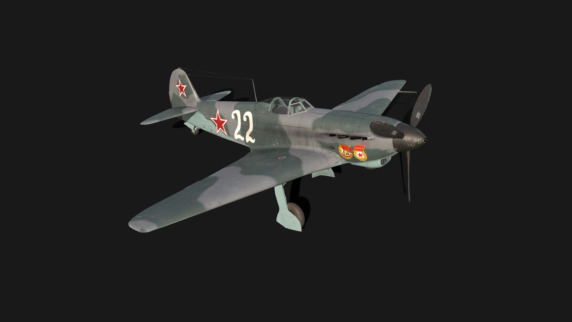 The Yakovlev Yak-9 is a single-engine, single-seat multipurpose fighter aircraft used by the Soviet Union and its allies during World War II and the early Cold War.
The Yak-9 was manoeuvrable at high speeds when flying at low and medium altitudes and was also easy to control, qualities that allowed it to be one of most produced Soviet fighters of World War II 3d model