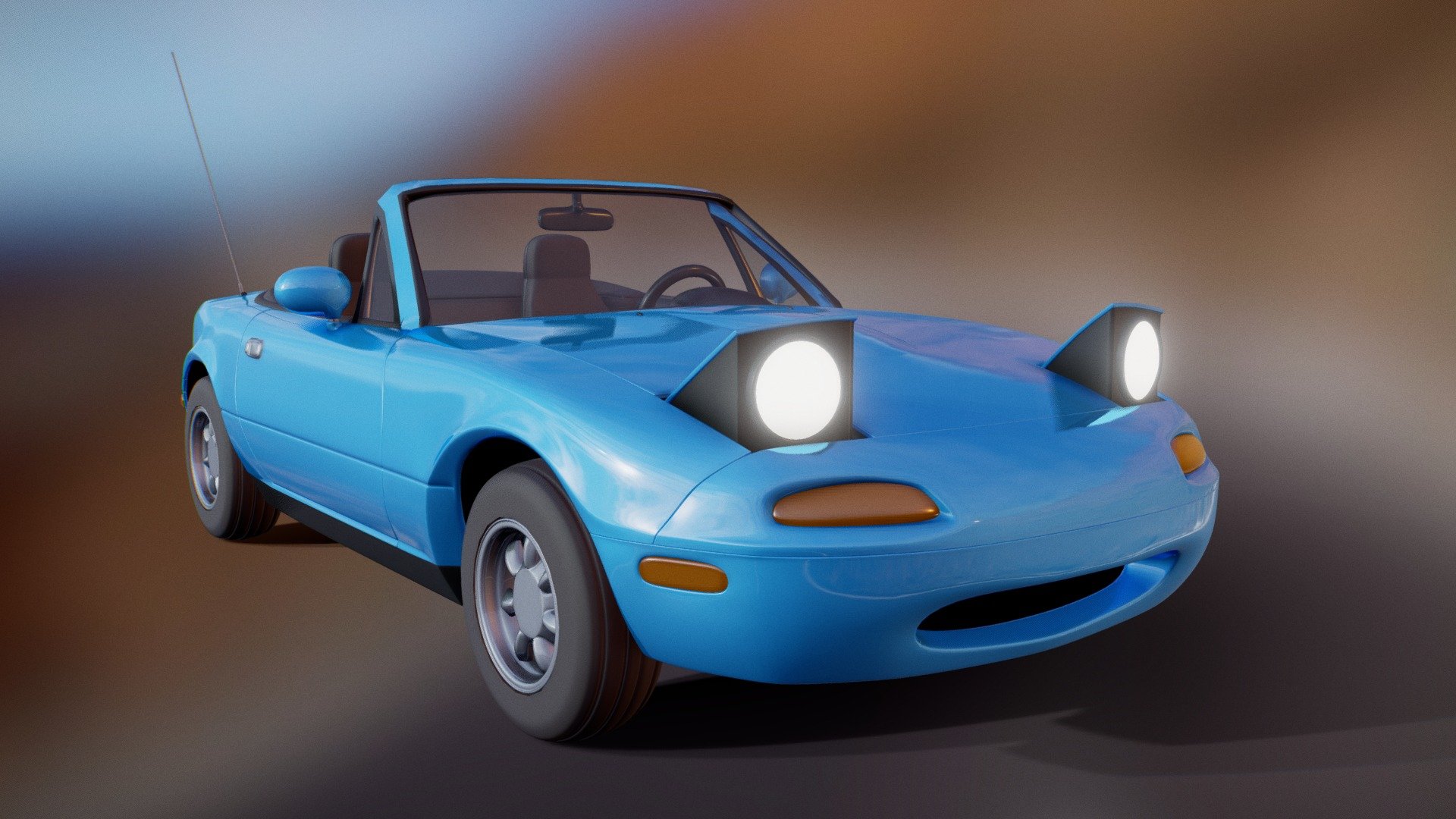 Modeled for my brother, who owns 2 white Miatas from the 90s - I found the blue version to be exceptionally cute, though, so I gave it that paint job. : ) 

  I  would like to eventually add the extras that he has on his 1990: mud flaps, headrest bars, decals, etc.

Work in Progress

needs UVs
needs textures
high-poly needs tweaks
want to add more attachments

Programs

Autodesk Maya 2018
Future plans to use Substance Painter for textures &amp; renders

Time

50+ hours across ~6 weeks

Triangle Count

Low-Poly before smoothing 2x: ~35k
Final goal is under 600k for full high-poly + attachments
 - 1990 Mazda Miata MX-5 NA (High-Poly) - 3D model by abigaia 3d model