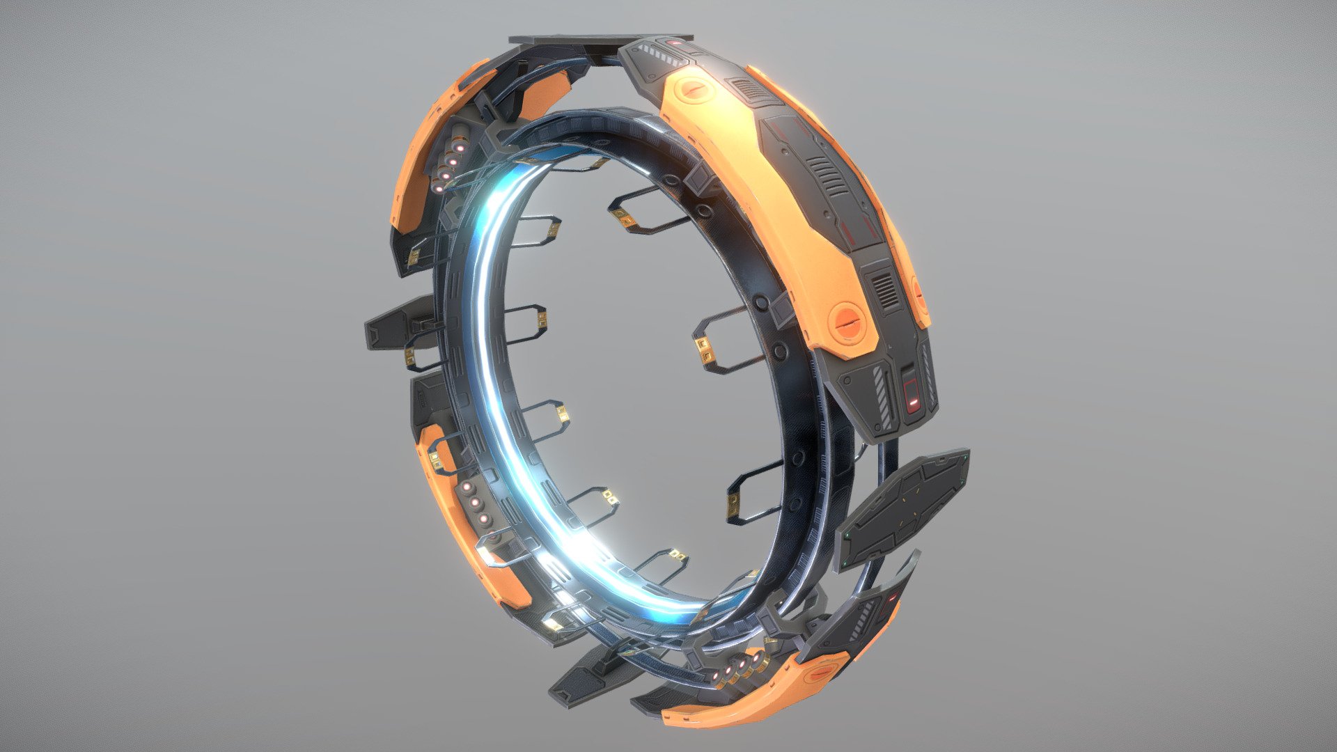 This is a model of a low-poly and game-ready scifi jumpgate. 

The model comes with several differently colored texture sets. The PSD file with intact layers is included.

Please note: The textures in the Sketchfab viewer have a reduced resolution (2K instead of 4K) to improve Sketchfab loading speed.

If you have purchased this model please make sure to download the “additional file”.  It contains FBX and OBJ meshes, full resolution textures and the source PSDs with intact layers. The meshes are separate and can be animated (e.g. firing animations for gun barrels, rotating turrets, etc) 3d model