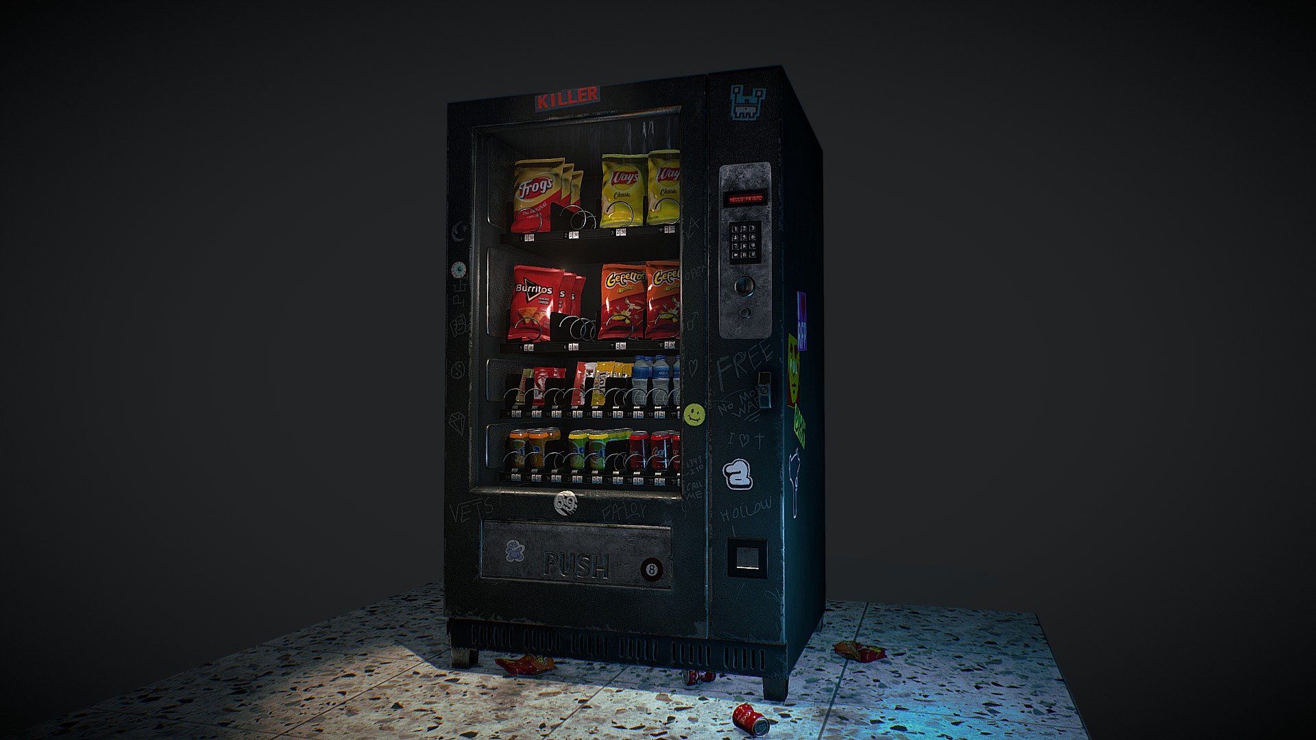 Low poly vending machine. The asset has 3 separate objects: ground, machine and snacks - drinks. All quads and PBR with ambient occlusion, emission, specular and transparency maps in 4096px. The trademarks were changed with new designs 3d model