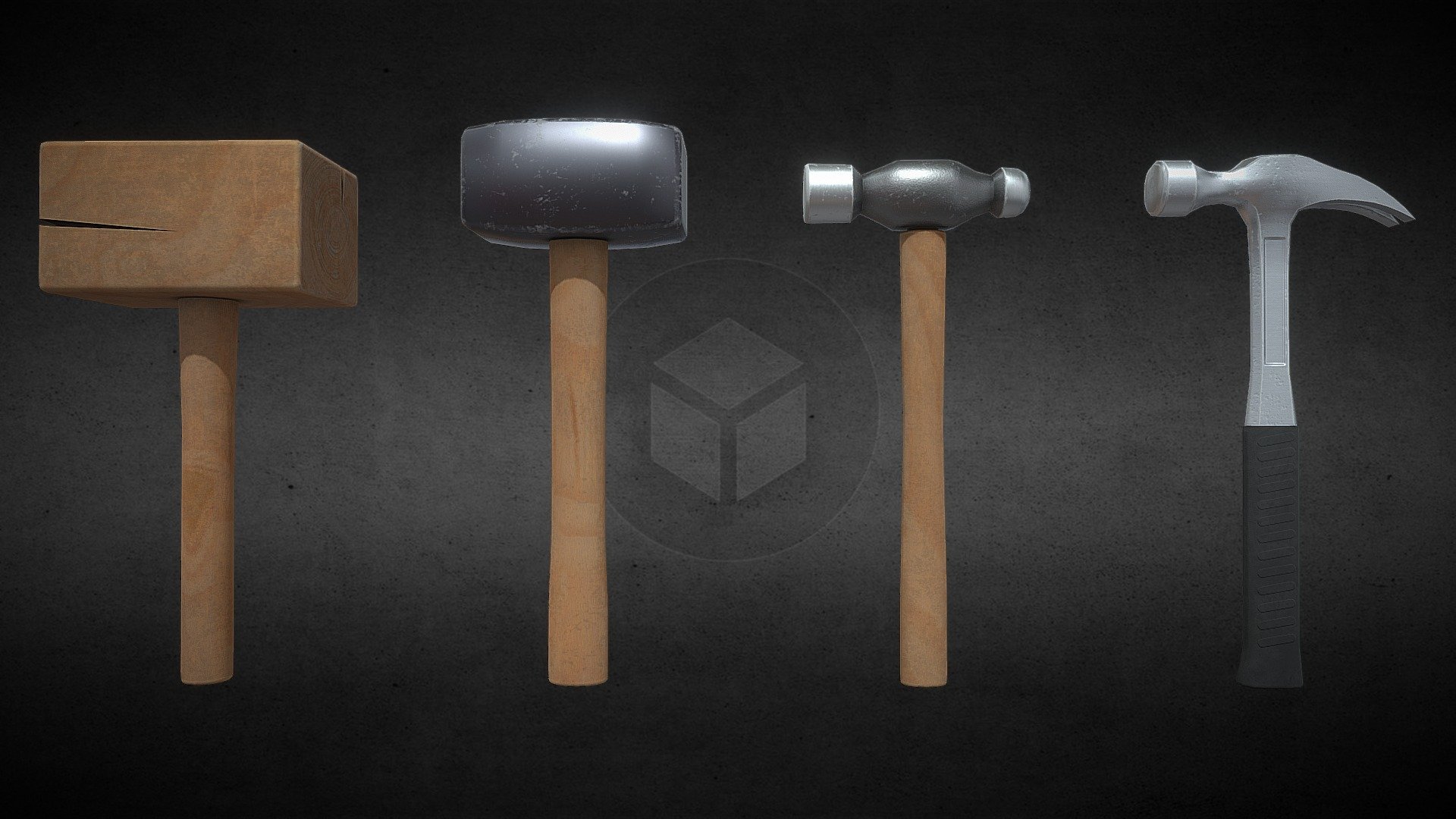 Mallet and hammer models for free to use in your projects.

Including:
- Wooden Mallet
- Club Hammer
- Ball Peen Hammer
- Claw Hammer

Game ready assets, tested in Unity. 4K textures.

If you like the models, please consider pressing the like button as a thanks and follow for more free content ;) - Wooden Mallet and Hammers, Low Poly, Free Assets - Download Free 3D model by Harri Snellman (@rivetech) 3d model
