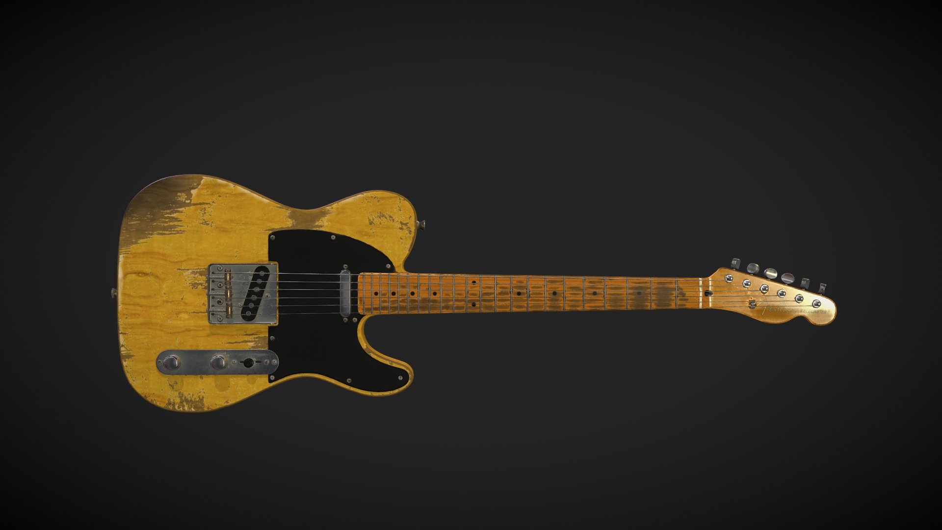 I took one of my guitar models and through texturing, I wanted to narrate its story – how it was crafted at the Fender factory in the 60s, its owner playing extensively in bars, being less than gentle with it, while wearing clothing adorned with metal studs, yet remaining a true virtuoso.

Software used -  Maya and Substance Painter. 

Textures are available in 4K, and upon request, I can provide an uncompressed texture set in 8K and Maya scene - Relic Fender Telecaster - Buy Royalty Free 3D model by Eugene Korolev (@eugene.korolev) 3d model