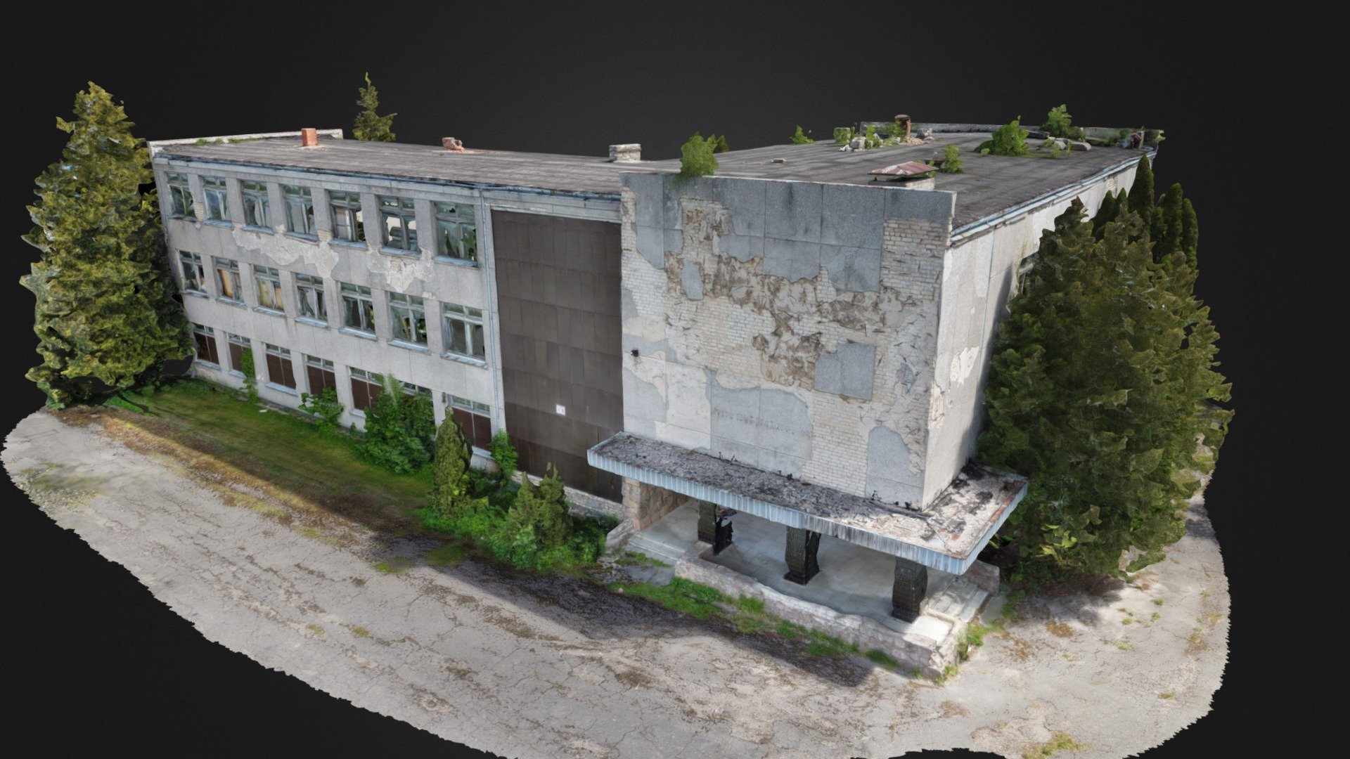 Contact me for a higher poly count model.

3D scan of an old, abandoned derelict soviet school.

Old walls, chipped concrete, bricks showing, dirty roof, boarded up entrance.

With normal map 3d model