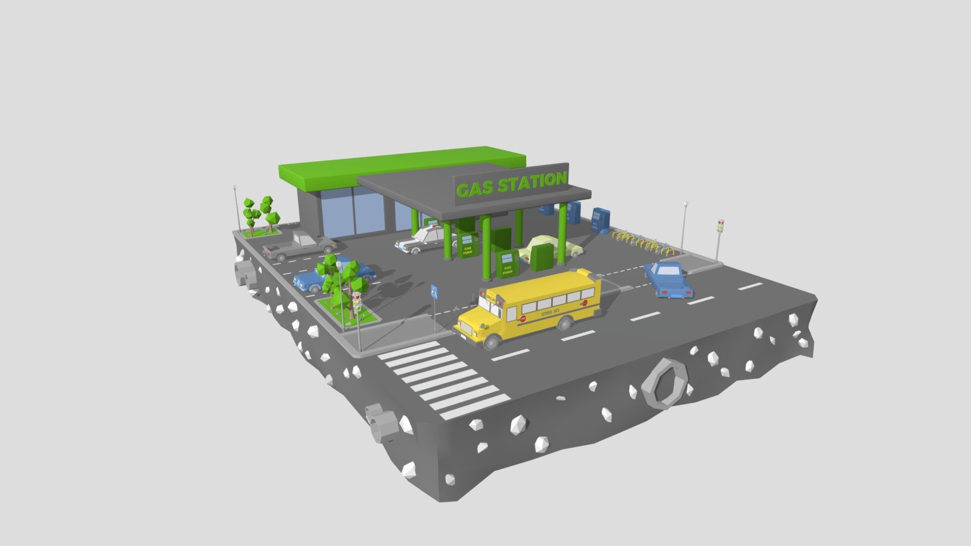 This is a great Gas Station Low Poly 3D model for you projects. 

This scene includes the following:

Low Poly Gas Station with Gas Pumps and Air Pumps
Low Poly Car Truck, Car, Police Car and School Bus
Low Poly Bicycles
Low Poly Trees
Traffic Lights, Road Signs

Created in Cinema4D R25. No third party plugins needed. Standard Render with standard materials. 

Formats included: .c4d .obj .fbx .3ds 

Poly Count: 159589, Points Count: 169775, Object Count: 2660

I hope you will like it. Also, make sure to check my other models. Don’t forget to leave the feedback and rate the models. Thank you

station, 3d, gas, gasoline, fuel, oil, pump, transportation, diesel, energy, petrol, petroleum, hose, sign, render, gas station, car, equipment, transport, service, tank, auto, automobile, vehicle, illustration, pipe, filling station, fuel pump, 3d illustration, isolated - Gas Station Low Poly - 3D model by ruslanmikaielian 3d model