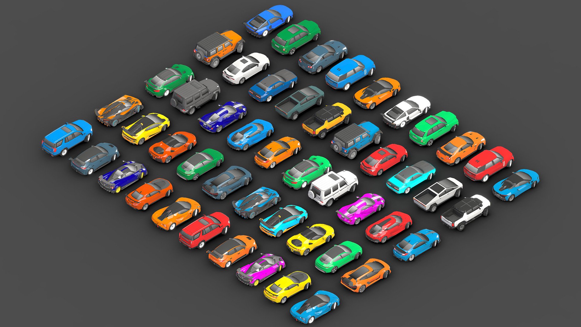 This package is available for you with a 60% discount.




This package includes 25 new cars of the year.




Low- Poly Cars Pack 1.




You can use these models in any game and project.




This model is made with order and precision.




All the colors of wheels and car bodies can be changed .




The color of the body and wheels can be changed.




Separated parts (body. wheel).




Very low poly.




Average poly count: 10/000 Tris.




Texture size: 128/256 (PNG).




Each model has 2 textures .




Each model has 2 or 3 materials .




format: fbx, obj, 3d max




Wait for my new models.. Your friend (Sidra).


 - Low- Poly Cars Pack 1 - Buy Royalty Free 3D model by Sidra (@Sidramax) 3d model