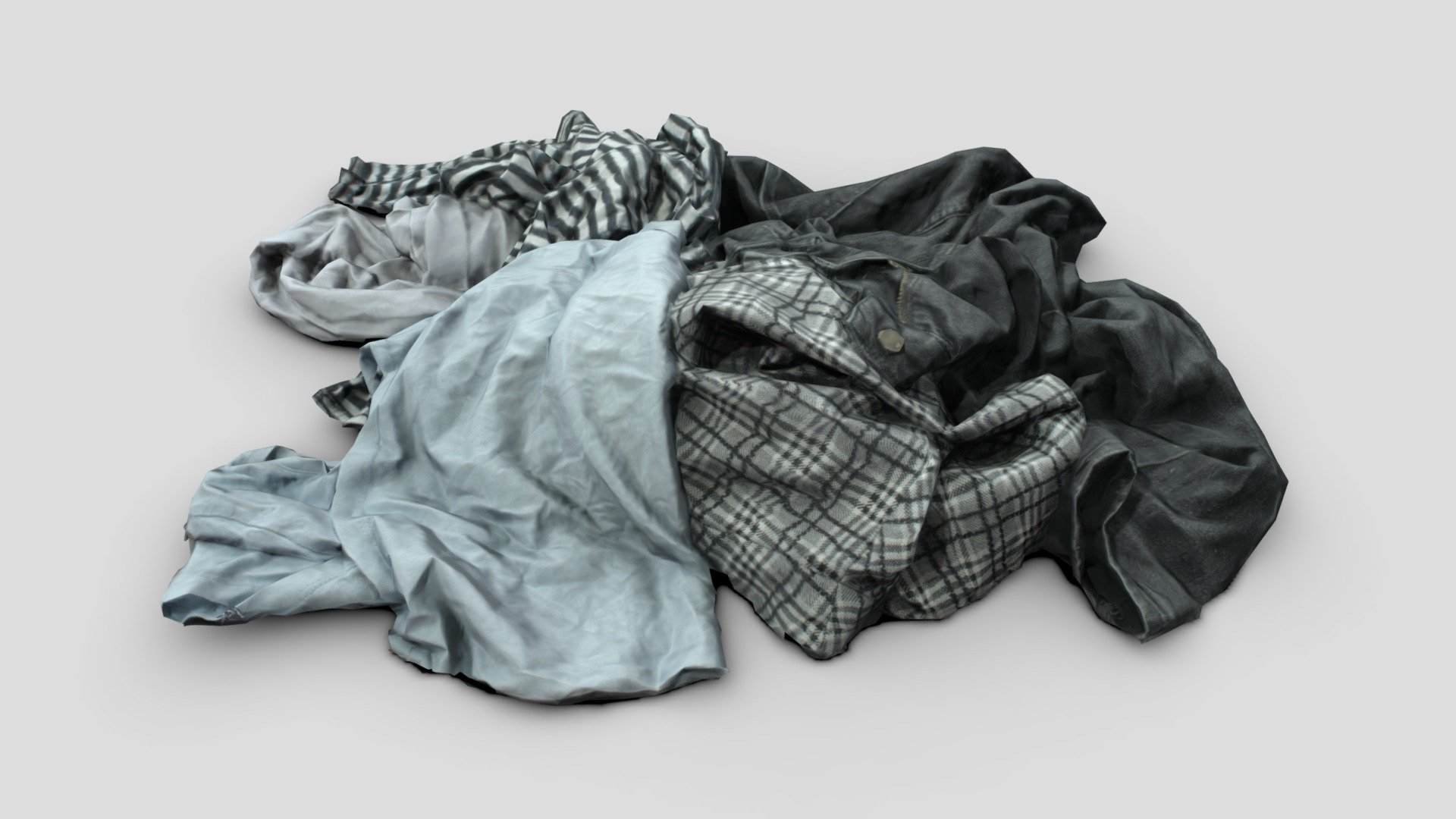 A small pile of clothes on the floor, low poly and game ready.

Fully UV Mapped. Complete with Colour, Ambient Occlusion and Normal Map textures. All Textures Included at 1024x1024 as well as 4096x4096 Includes both OBJ and FBX formats as well as MAX 3d model