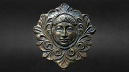 Brass fantasy ornament face, lowpoly, gameready face, ancient, item, brass, metal, collectable, relic, game, fantasy, gameready