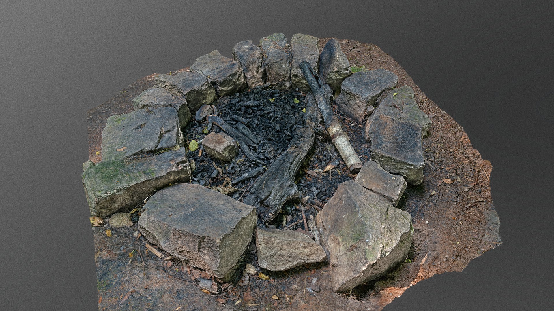 Stone Fireplace fire pit hole ash, campfire with big stones and concrete chunks and small charred burned charcoal logs

Photogrammetry scan 150x24MP, 3x16K texture + HD Normals - Stone fireplace - Download Free 3D model by matousekfoto 3d model
