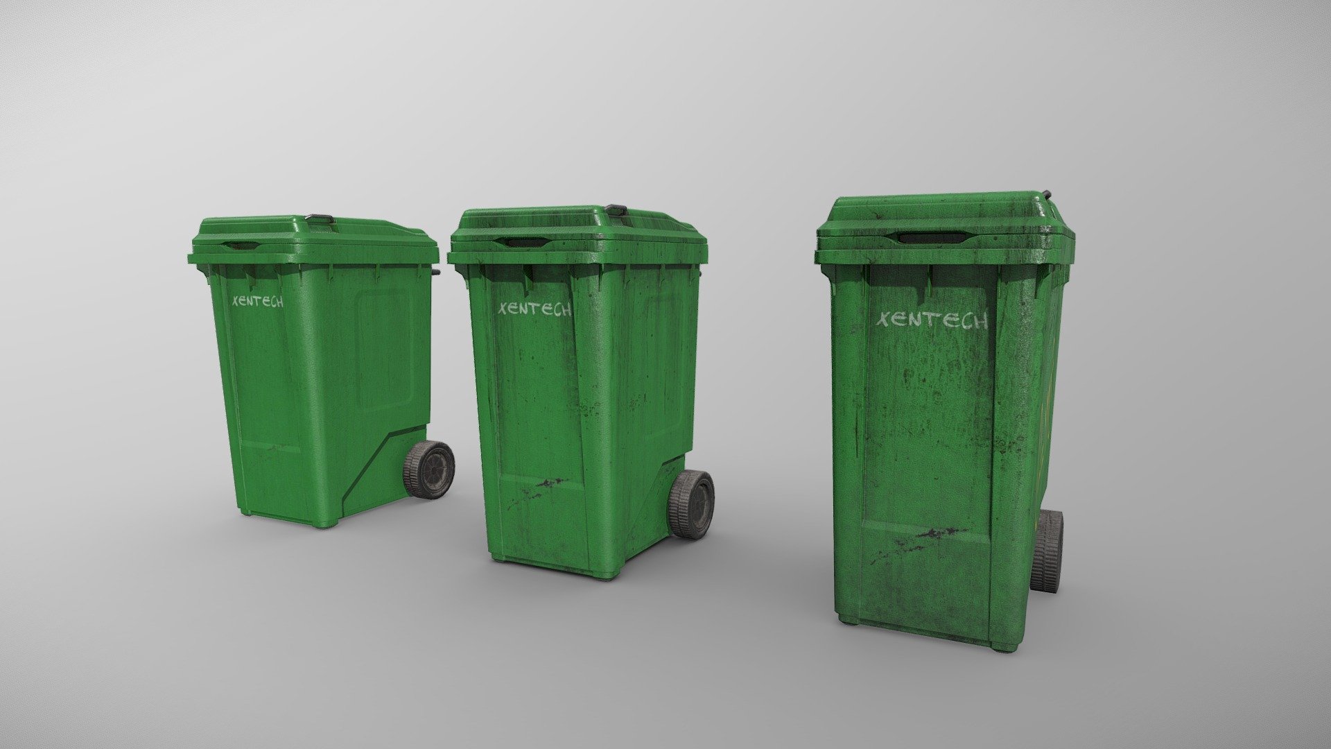 High quality, game-ready 3D models of trash bins, with 3 variations : clean, slightly dirty, and dirty.
The internals are modeled as well, and the objects are separated for easy animation and rigging 3d model