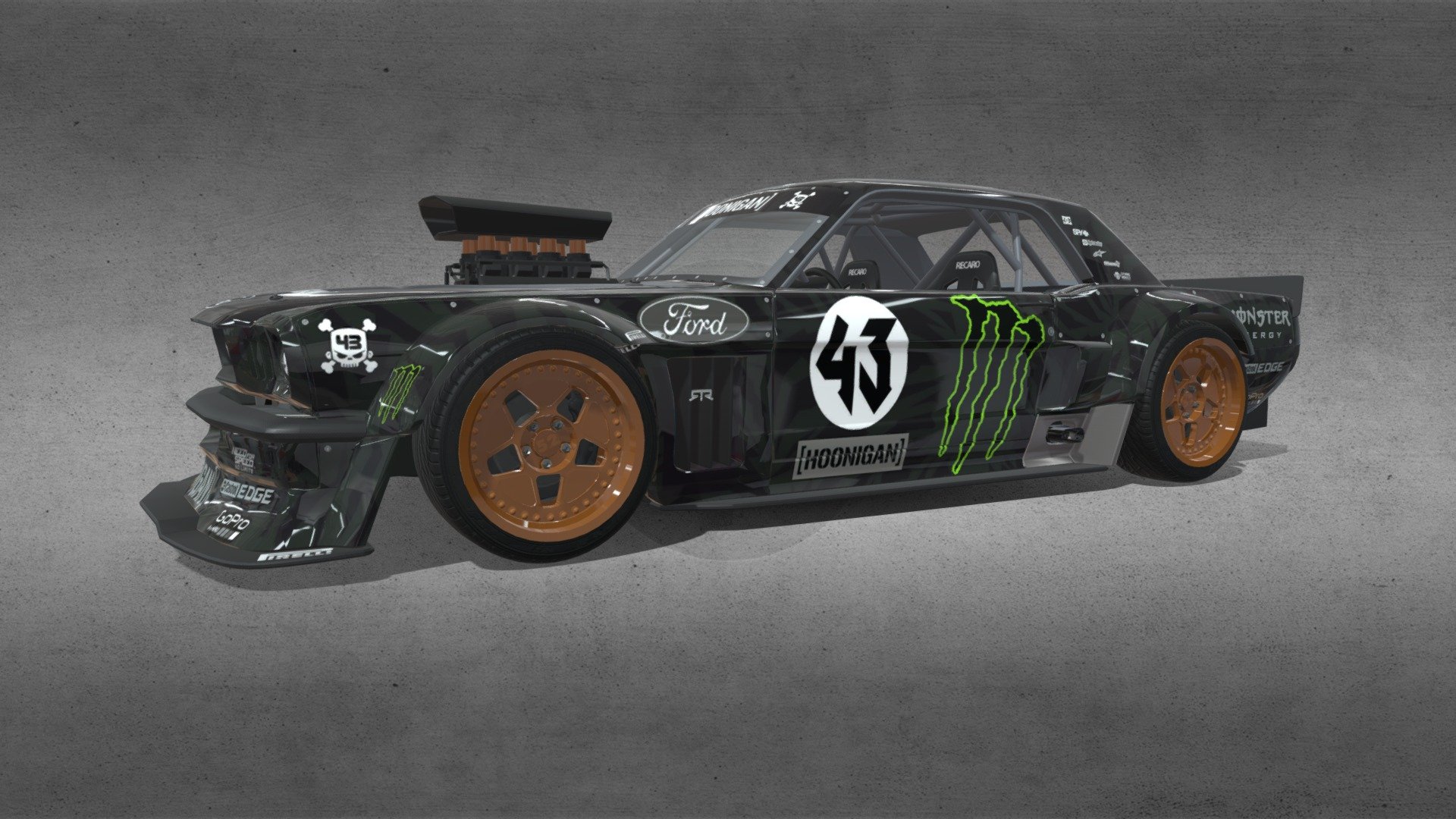 Midpoly model of the 1965 Ford Mustang Hoonicorn for Ken Block. The Ford Mustang Hoonicorn RTR is an extensively modified 1965 Mustang Coupe built by Hoonigan and ASD Motorsports. An Ford V8 gulps down air through eight individual throttles reaching through the hood as it sends 845 horsepower to all four wheels via a custom six-speed sequential dogbox and all-wheel drive driveline....All done in Blender 2.93 and the textures in Photoshop 3d model