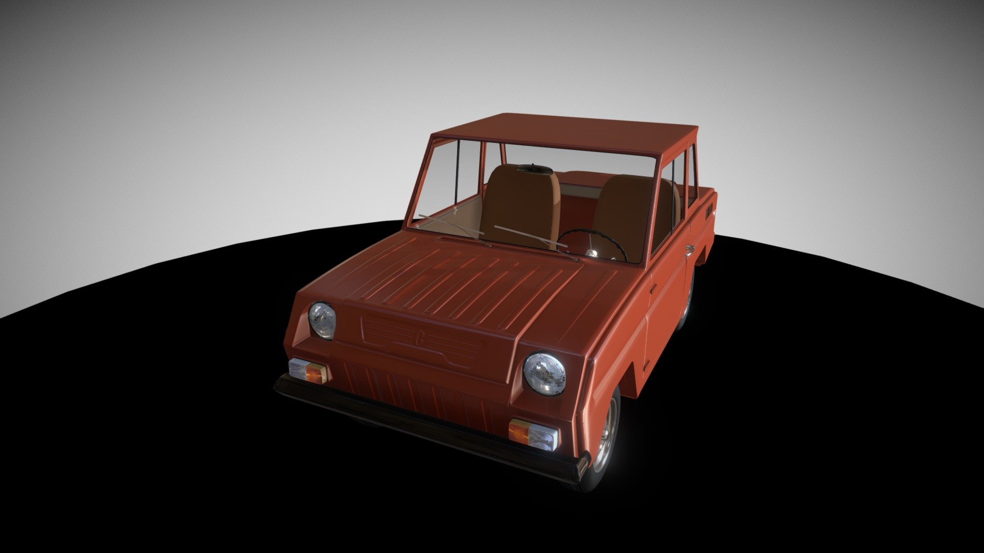Hight-poly model of vintage soviet car SMZ-S3D. This model has an interior, motor, and baggage area. 
Picture from Blender render:
 - Vintage soviet car SMZ-S3D (Invalidka) - 3D model by IliaA (@andreev.il) 3d model