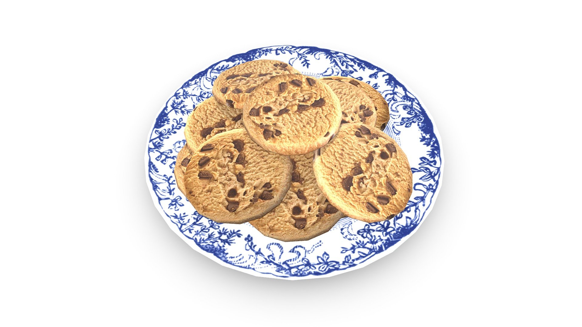 Enhance your projects with this premium model of a plate of chocolate chip cookies. This model has a very lean polygon count at 1,056, making it perfect for real-time applications or quick render times in ray tracing engines. The geometry comprising this model has been whittled down to the absolute bare minimum possible while still retaining most of its visual quality.

Features:


1,056 polygons quads / 2,112 when triangulated
All quad geometry, no tris or n-gons
2048px by 2048px textures for PBR workflows (Albedo/Color, Normal, Roughness &amp; Ambient Occlusion)
Non-overlapping UV Map
World scale set to centimeters
Measures 22.6cm x 22.6cm x 4.75cm
 - Plate Of Cookies - Buy Royalty Free 3D model by Meerschaum Digital (@meerschaumdigital) 3d model