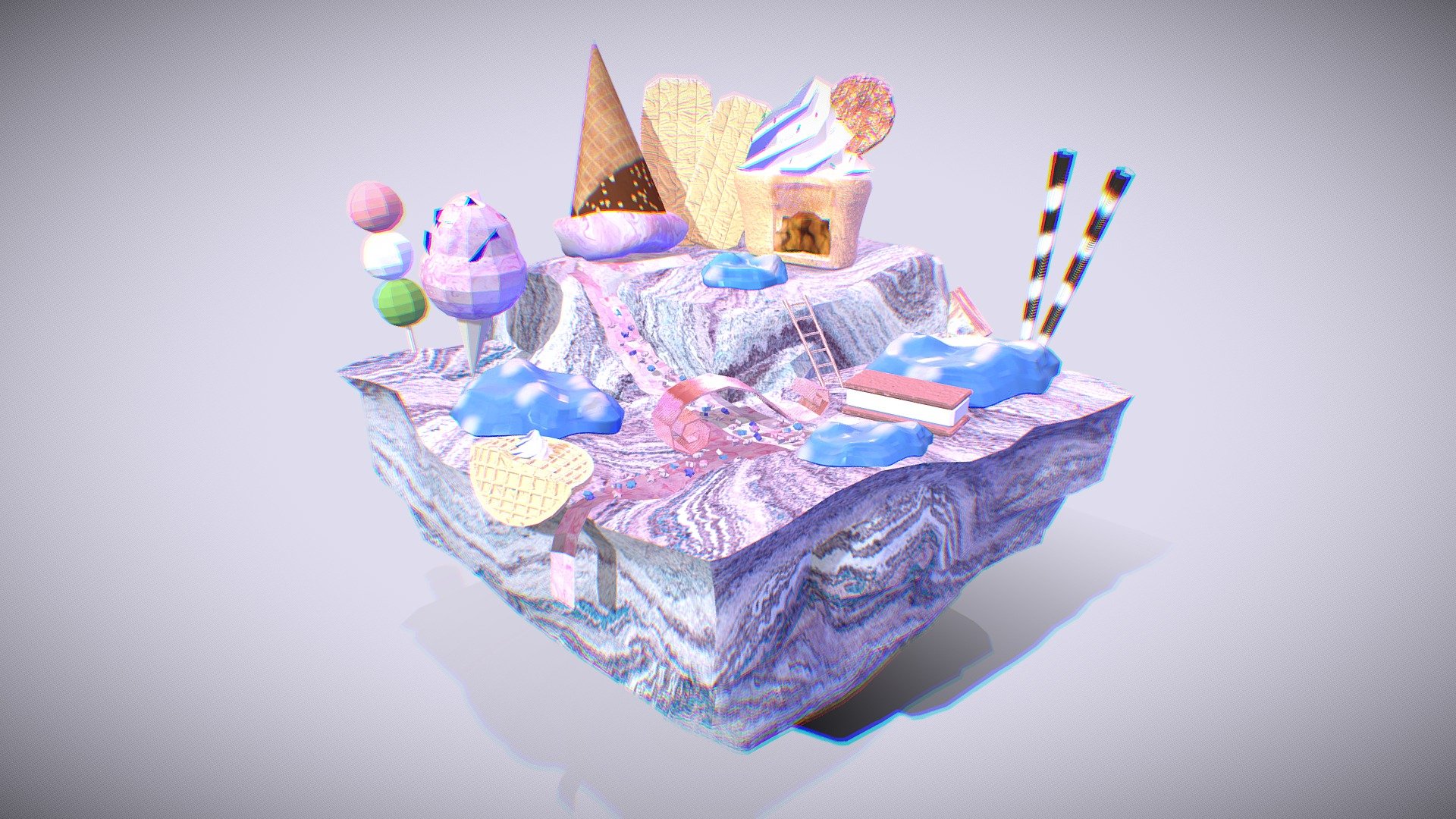 A dreamy dessert island stylized in the vaporwave aesthetic 3d model