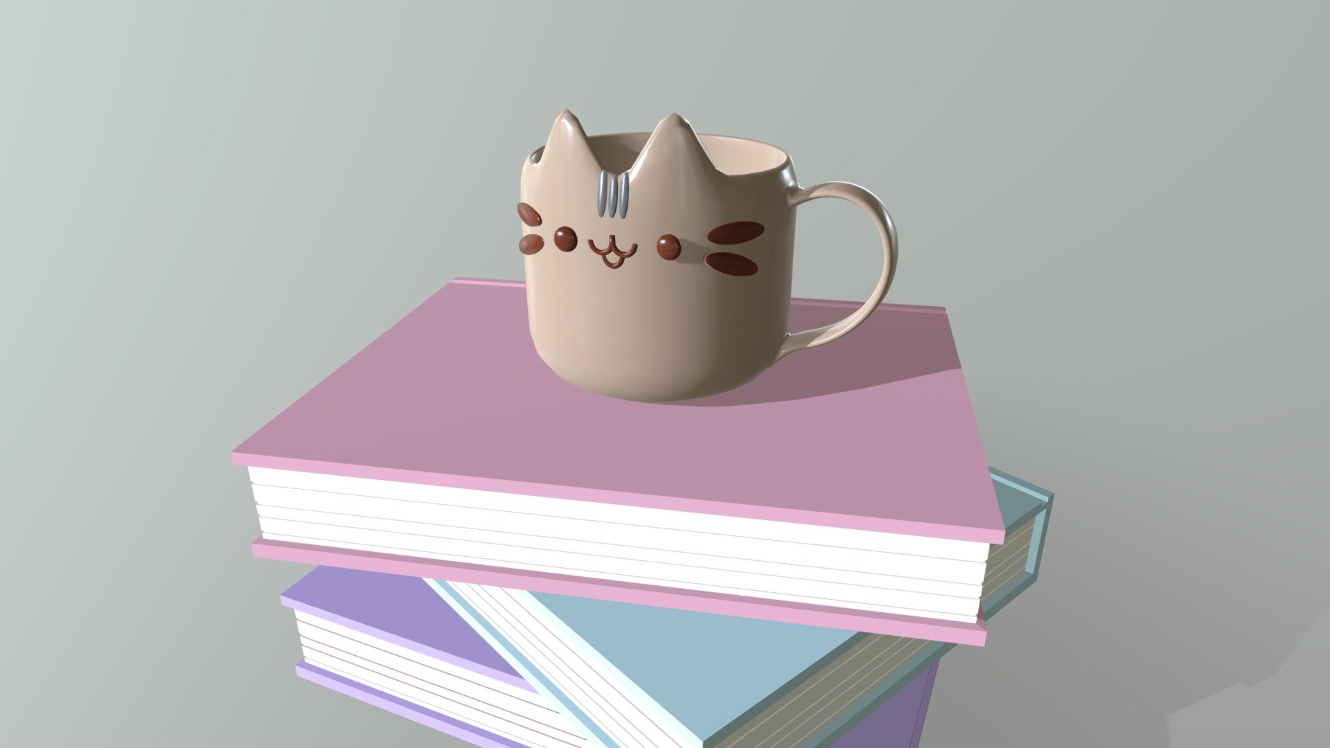 Pusheen themed coffee mug on a stack of pastel colored books - 3D Sketchbook 3 [Pusheen Mug on Stack of Books] - 3D model by StaticDisturbance 3d model