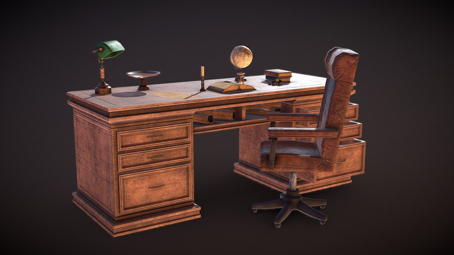 ➥ Antique Desk for any game project with 10.4K Triangles.

➥ 5 Materials
1. Desk_MAT
2. Drawers_MAT
3. Props_MAT
4. Extras_MAT
5. Chair_MAT

Everyone 4K textures (4096x4096)

Each object is separate from the others, including drawers - Antique Desk - Buy Royalty Free 3D model by Agustín Hönnun (@Agustin_Honnun) 3d model