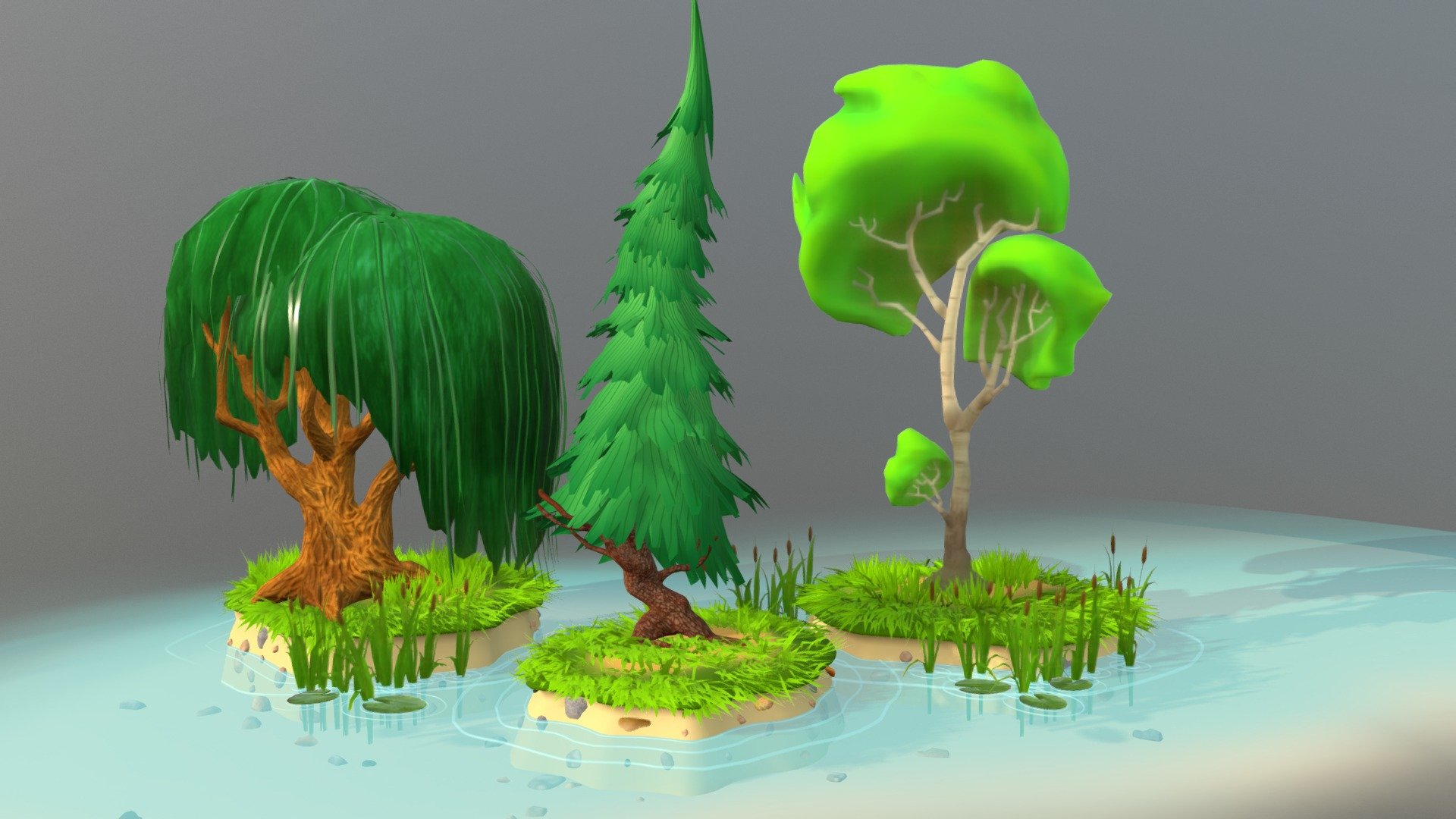 3 Cartoon Tree and mini scene 3d model