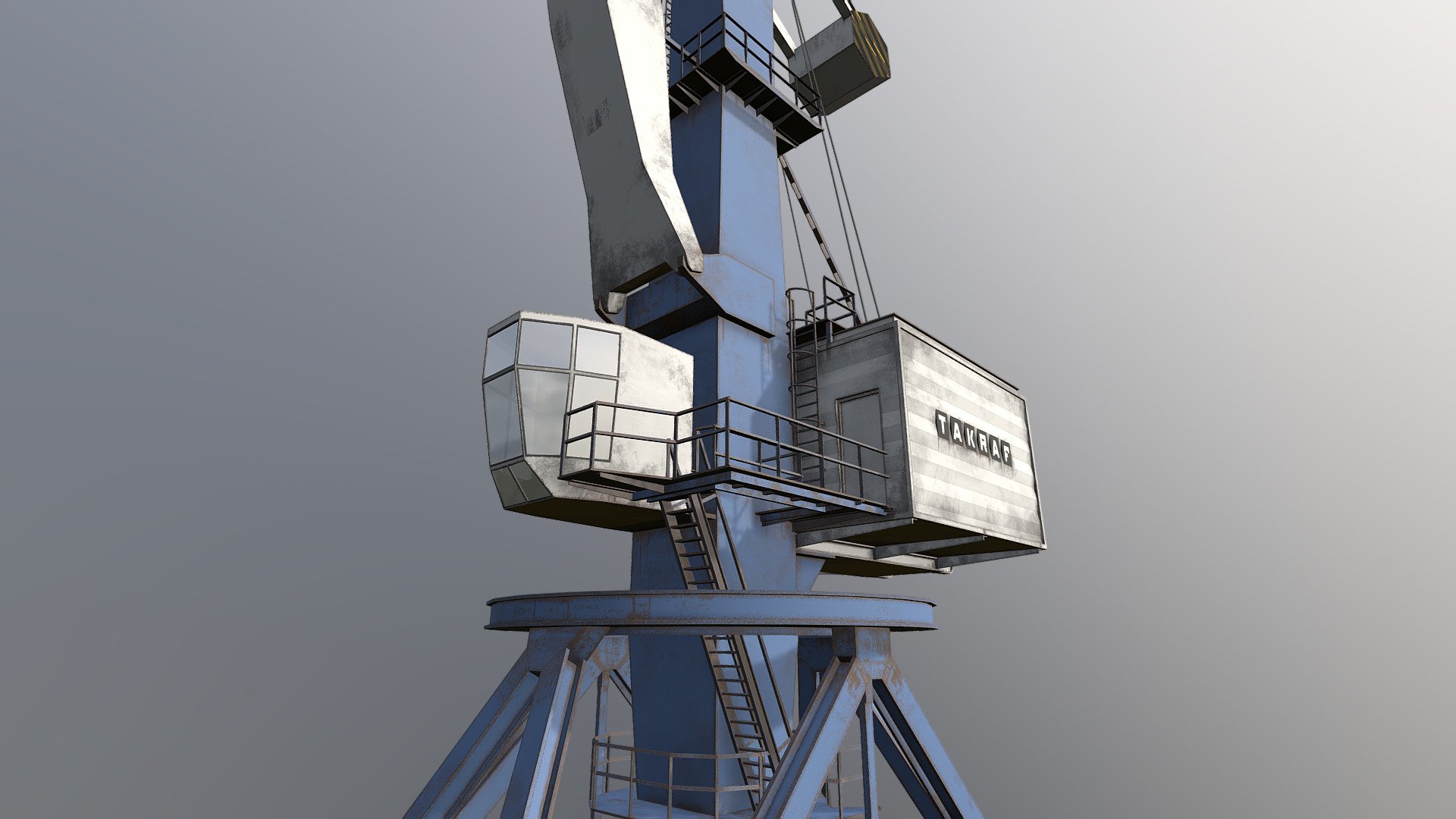 Port crane, low poly, modeled by hand from photos taken by myself. The texture is made by hand with a shader and baked in a blender 3d model