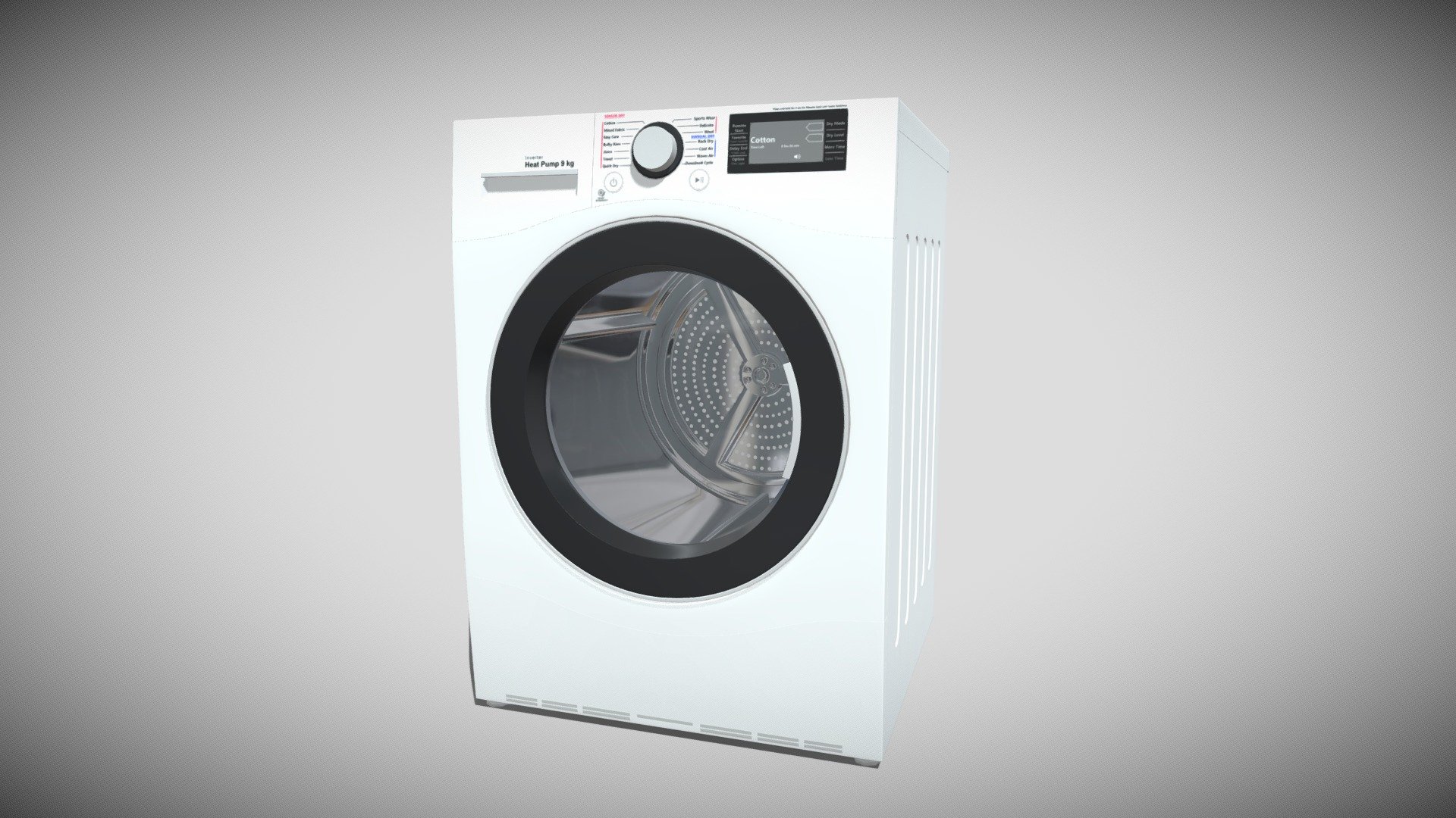 Detailed model of an LG Dryer, modeled in Cinema 4D.The model was created using approximate real world dimensions.

The model has 74,045 polys and 75,889 vertices.

An additional file has been provided containing the original Cinema 4D project files with both standard and v-ray materials, textures and other 3d export files such as 3ds, fbx and obj 3d model