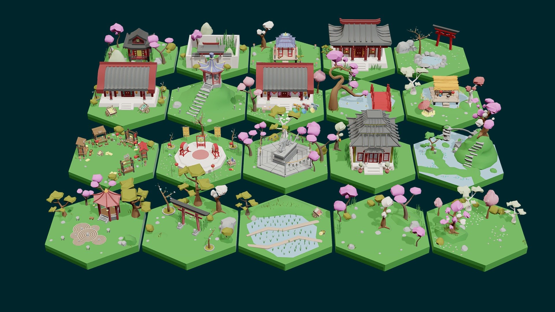 Low Poly Tiles Asian Style Set is ready to be used for games, rendering and advertising.

20 tiles (watch Youtube video here) + 238 objects

150 unique objects: buildings / trees / grass / flowers / lanterns / kimonos / gardens / houseware / pieces of furniture  and much more!

You can easily create any map that suits you by simply connecting the tiles. You can scale the objects/models to the size you need.

Technical details:

Tiles: 




Vertex: 283 k

Faces: 268 k

Tris: 484 k

Interiors:




Vertex: 175 k

Faces: 163 k

Tris: 296 k

Has only one color texture (2048/1024/512/256 /128px) and one material for the entire set.

The original concept was used to create models.

Feel free to download it and leave your reviews, comments and likes. This will help us create more products for you 🙂 - Low Poly Asian Style Set - Buy Royalty Free 3D model by Mnostva 3d model