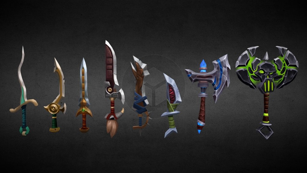 Hey guys, 
I made this weapon set to practice hand painted texture, I think I could 
refine it a bit more but I gave myself a deadline hushed 
Anyway this was very fun project to do!

The concept art is by Tyson Murphy (1-5) and Josh Harris (6-8) 

https://www.artstation.com/artist/murph 
https://www.artstation.com/artist/jharris - Hand painted weapon practice - 3D model by ecas 3d model