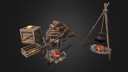 Cave Assets 02 fireplace, food, crate, camping, cave, camp, station, cooking, hideout, caveman, bandit, chair, wood