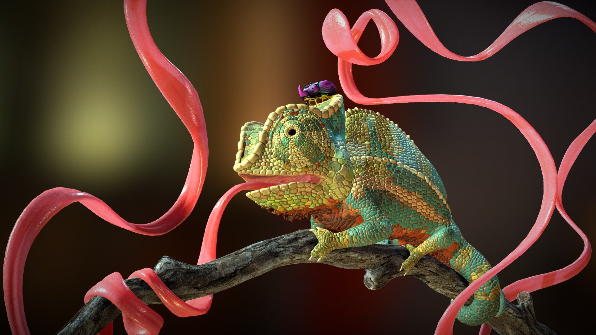 Made for the release of Substance Painter Spring 2018 Splashscreen! Started in ZBrush, textured in Substance Painter and brought into Maya for lighting and rendering with Arnold.

Check out my artstation for more high res renders: https://www.artstation.com/artwork/wk9w5

Thanks for stopping by! - Tongue Twisted Chameleon - 3D model by Nikie Monteleone (@nikiemonteleone) 3d model