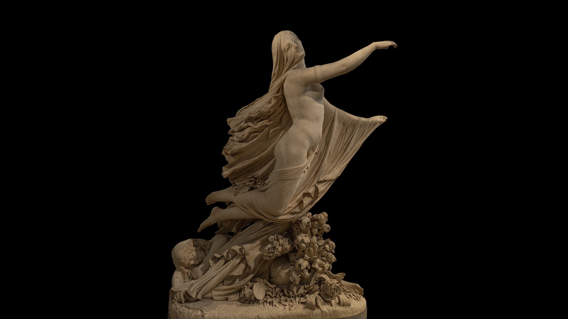 The Sleep of Sorrow and the Dream of Joy (1861)

Photogrammetry + reality capture processing. V&amp;A museum.
It is always surprising to see works in which the fall of the fabrics on the bodies is represented with mastery. This is one of them, the work of the well-known Raffaelle Monti. 

It was created as an allegory of the political and artistic reunification of the Italian kingdom, a resurgence that Monti tries to capture and announce through a beautiful piece. It was one of the 3 most seen works at the London International Exhibition of 1862, which brought together various technological advances and art exhibitions from 36 different during several months.
I could not insist more that you go to the V&amp;A museum  in London to see such a delicate and precious sculpture 3d model