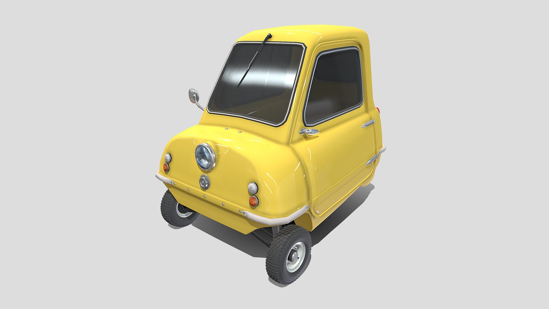 Highly detailed Peel P50 Micro Car with a detailed drivetrain (suspension, chassis, motor, steering, brakes) 3d model rendered with Cycles in Blender, as per seen on attached images. 
The 3d model is scaled to original size in Blender.

File formats:
-.blend, rendered with cycles, as seen in the images;
-.blend, with a seethrough of the chassis and drivetrain, rendered with cycles, as seen in the images;
-.obj, with materials applied;
-.dae, with materials applied;
-.fbx, with materials applied;
-.stl;

Files come named appropriately and split by file format.

3D Software:
The 3D model was originally created in Blender 2.8 and rendered with Cycles.

Materials and textures:
The models have materials applied in all formats, and are ready to import and render.
The models come with one png texture.

Preview scenes:
The preview images are rendered in Blender using its built-in render engine &lsquo;Cycles' 3d model