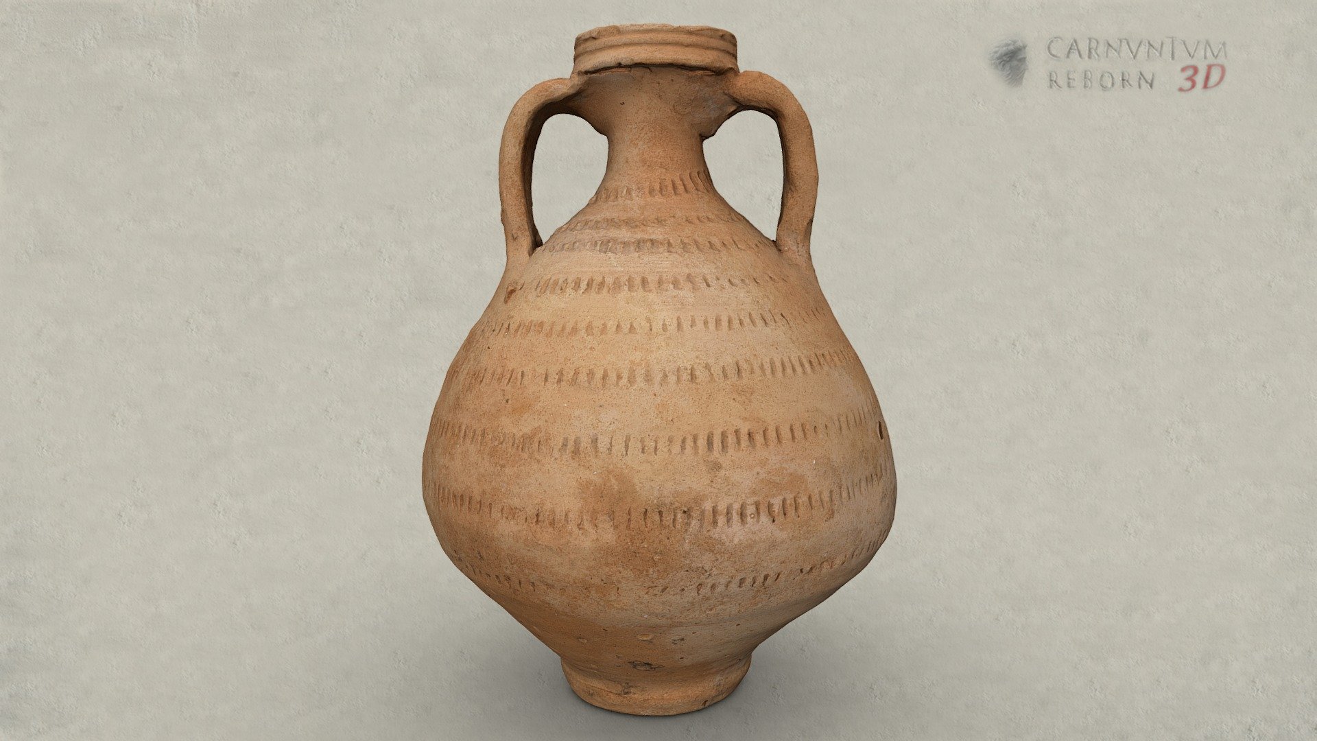 Bellied two-handled Roman jug with vertical outer grooved rim. The band handles sit directly under the rim and rest on the shoulder at the bottom. The outer wall is decorated with a multi-row scroll wheel decoration, the base is flat. Ceramic; h 20,6 cm; 2nd-3rd century AD.

Model: © Landessammlungen Niederösterreich, Niederösterreich 3D - Krug - 3D model by noe-3d.at (@www.noe-3d.at) 3d model