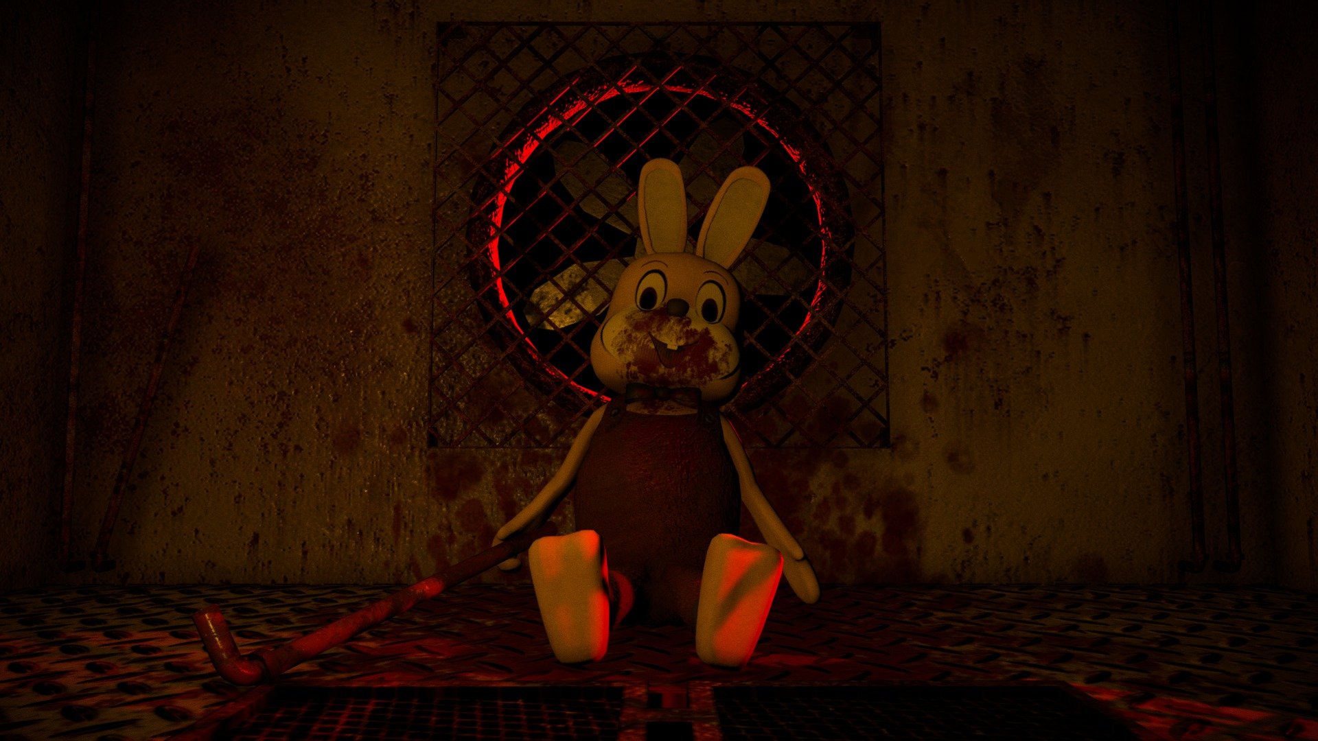 Years ago, I modeled the cute and unique Robbie the Rabbit, from Silent Hill 3. But since I love create environments, I couldn´t deny the lack of one for this lovely character.
So there it is.
A very simple but intense atmosphere. 
It´s a shame that now we can´t add sounds of music to the models, because in my head I can hear the screeching of the rusty blades spinning endlessly&hellip;

Enjoy 3d model