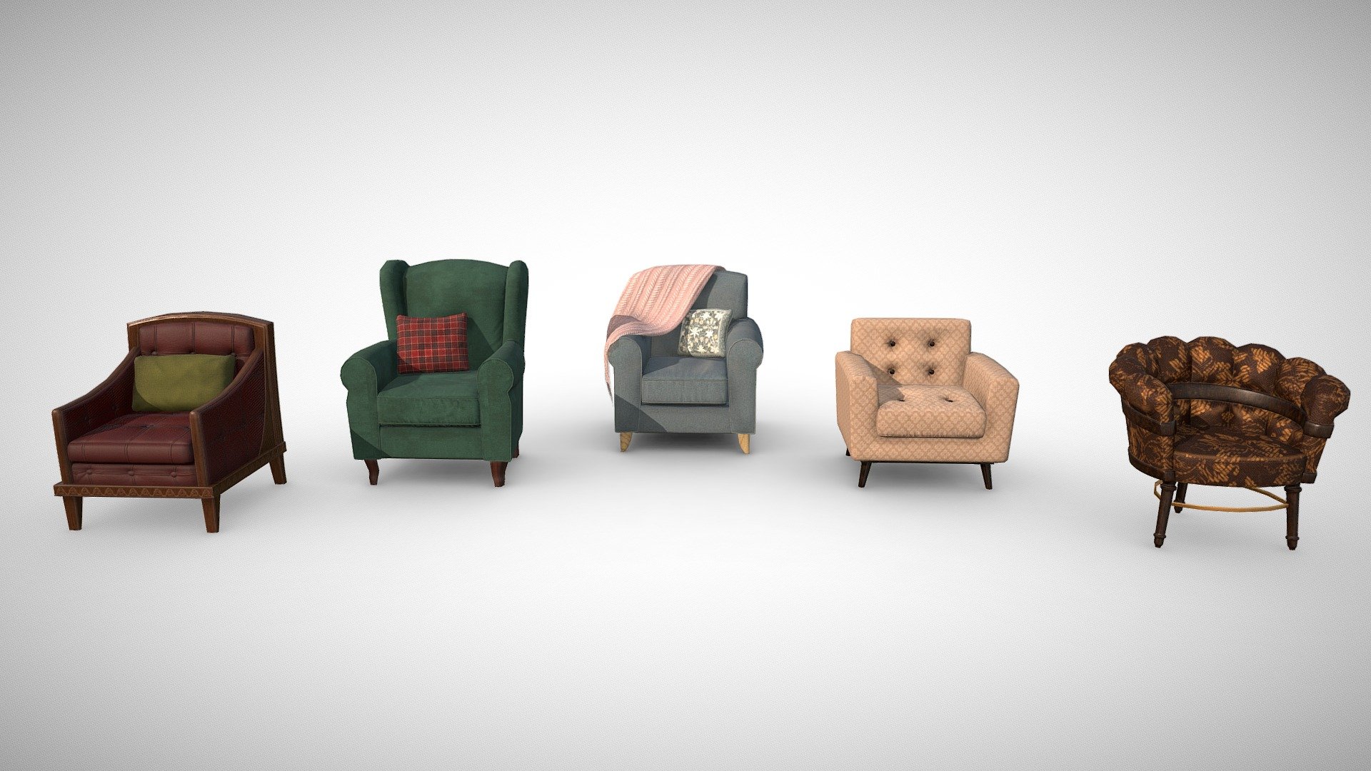 The Collection consists of 5 low poly, game ready armchairs. Models range from 2200 - 5000 tris.

Each mesh has it’s own texture set: PBR Metalness Workflow. Texture sizes: 2048 x 2048.

Alternative textures included for all models (excluding Comfy Armchair) 3d model