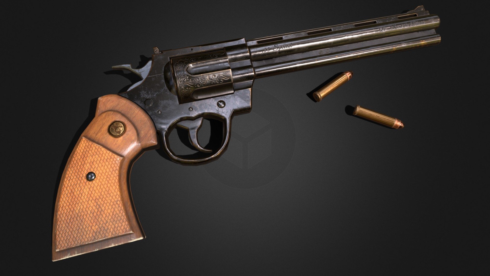 3D model of a revolver inspired by the Python. The 3D model is optimized for video game.
There is a version without inscriptions !

Included in the package :

4 textures pack in 4096 - with one are composed with Color/Normal/Roughness/AO/Metalness


black render
black render without inscription (no sentences)
grey render
grey render without inscription (no sentences)

3D Model (OBJ + FBX) :


Revolver 3678 triangles
Bullet 208 triangles
 - Revolver Presentation - Buy Royalty Free 3D model by tristanfaure 3d model