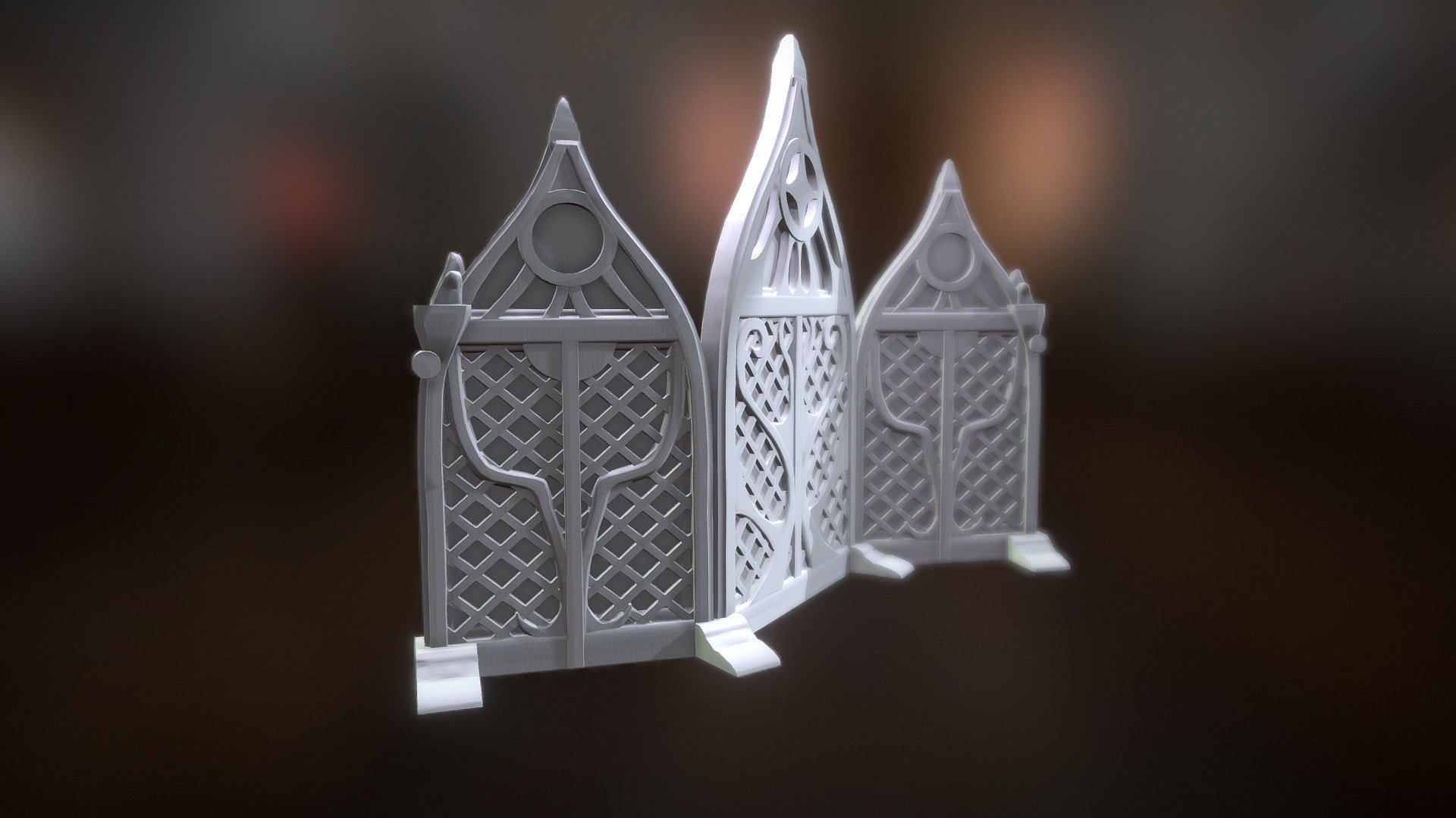 Miniature 3D printable folding privacy screen for D&amp;D and tabletop games!

File available for purchase in a 3D-Printable set from Infinite Dimensions Games:
https://www.infinitedimensions.ca/product/3d-printable-noblemans-furnishings/ - Miniature 3D Printable Privacy Screen - 3D model by Rita Puhakka (@RitaPuhakka) 3d model