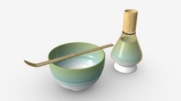 Matcha Tea Set Bowl Whisk Spoon drink, green, tea, wooden, set, bowl, holder, asian, spoon, beverage, bamboo, chinese, zen, matcha, tradition, wisk, 3d, pbr, japanese, spoonceremony