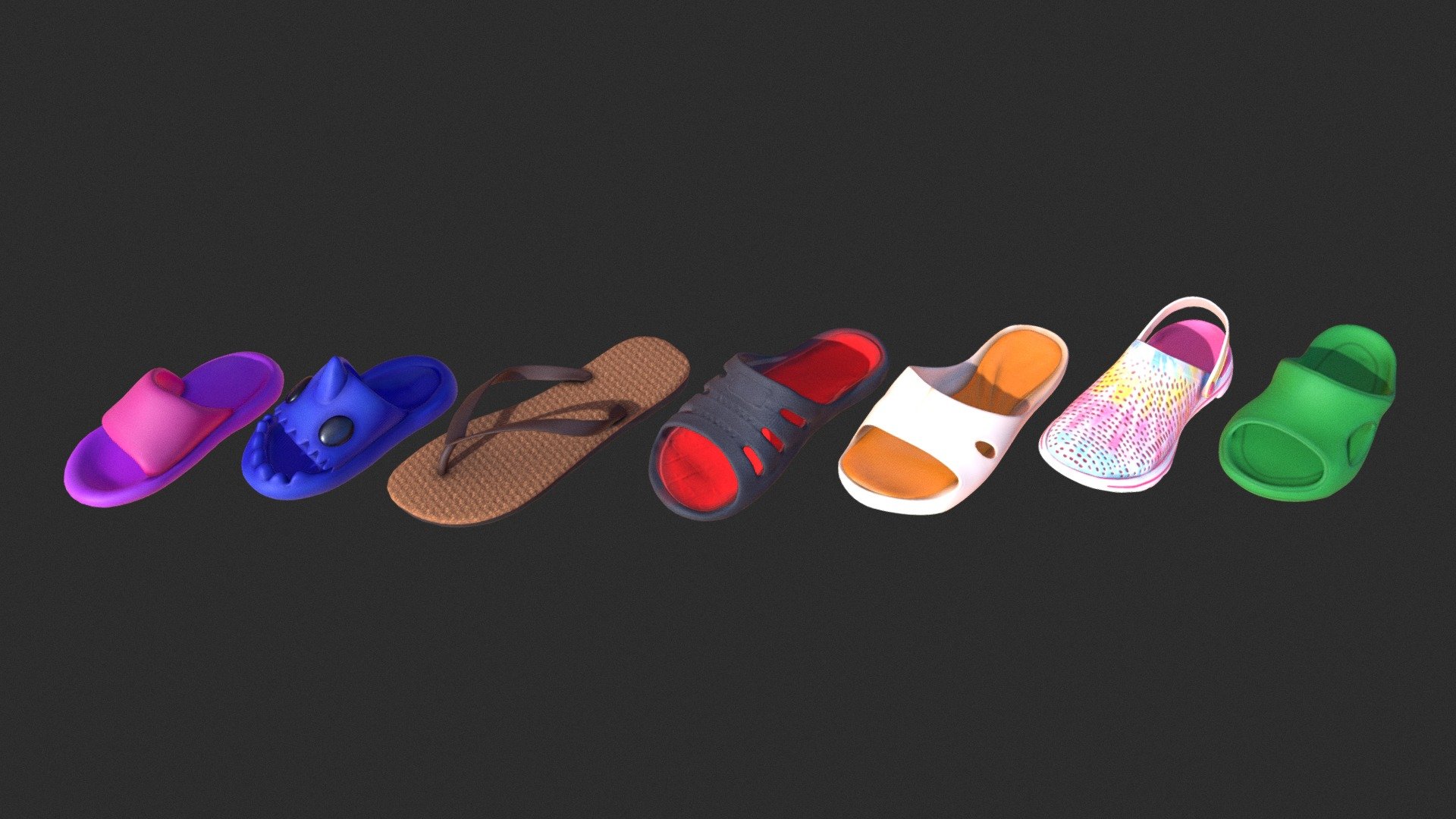 Various types of sandals such as: Crocks, Summer Shoes or Rubber Clogs, for all ages and in various materials and colors for the pool or the beach 3d model