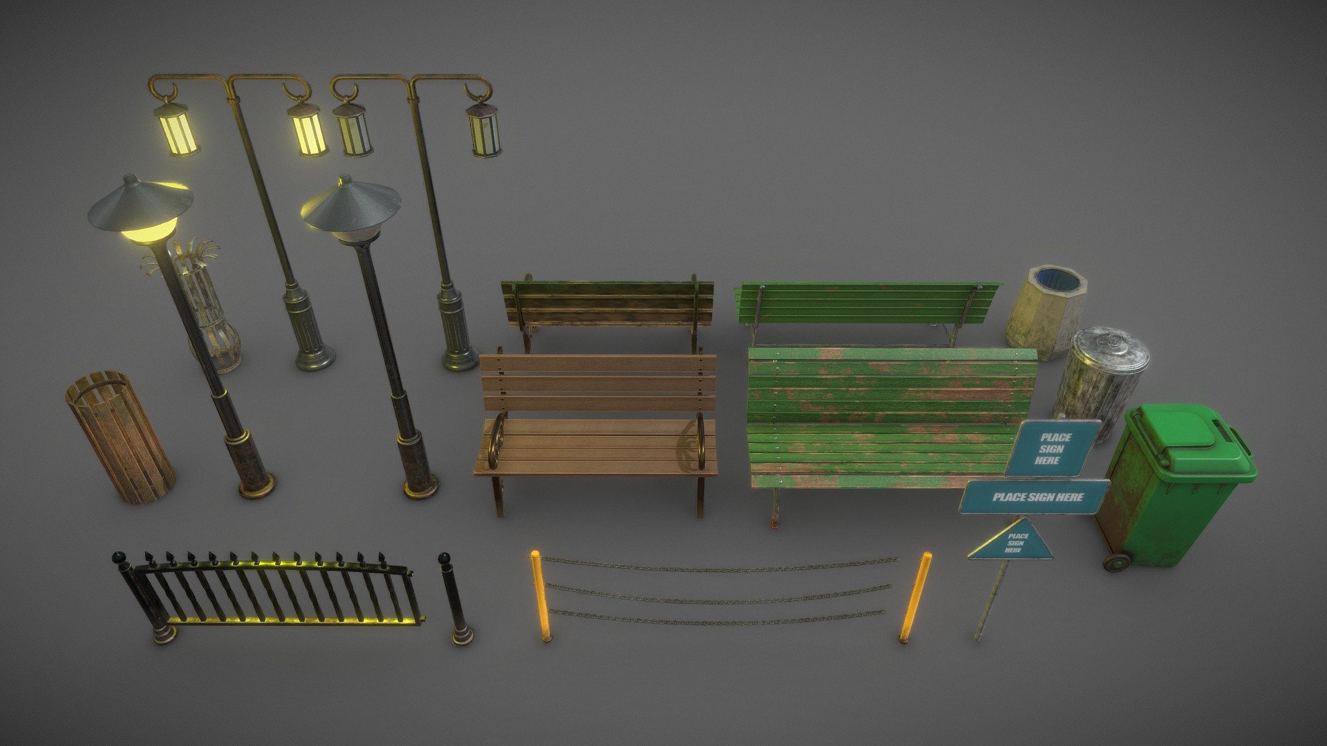 City Street &amp; Park Asset Pack. Volume 1
Includes:
3x Garbage Bin - 2k Textures
2x Bench ( 2 versions ) - 2k Textures
2x Street Lamp ( ON  OFF versions ) - 2k Textures
2x Tree Cover - 2k Textures
2x Fences with endings - 2k Tekxtures
1x Sign ( with 3 different sign shapes ) - 2k Texures - AssetPack: City Street & Park props vol.1 - Buy Royalty Free 3D model by MarcinGArt (@marcin.gk) 3d model