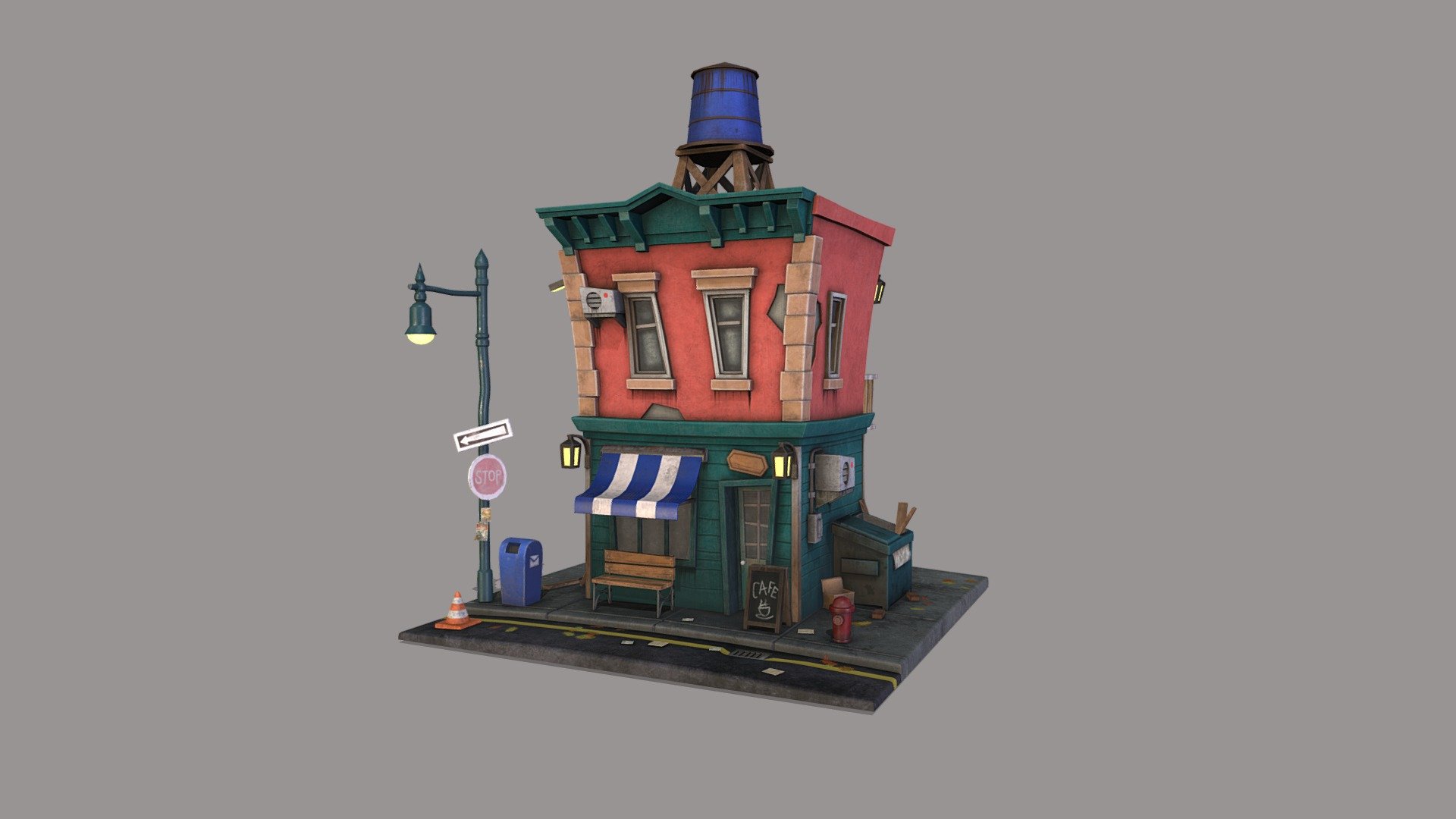 A personal project I've been working on since I do more realistic at work.
It was fun to dip back into a stylized project!
Modeled in maya. Textured in painter.
Original idea and concept by Igor Rozovny - Stylized NY Cafe - 3D model by RachelBurrows3D 3d model