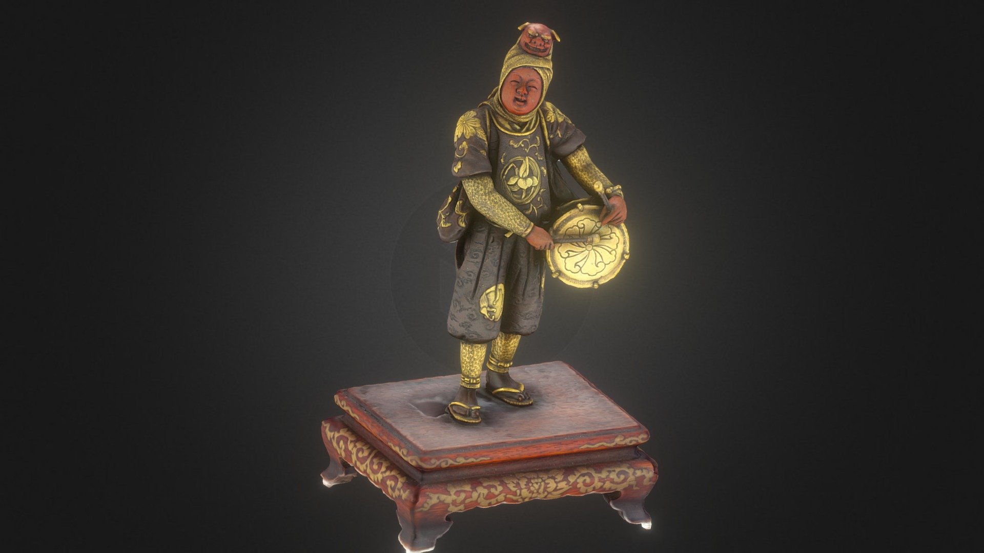 Very Hi-Resolution scan of a man wearing a decorated uniform, standing holding a taiko drum  looking into the distance. Mounted on a rectangular lacquered &amp; gilt wood stand. Height 8 inches.

Meiji Period (1868-1912), signed Miayo.

Created in RealityCapture by Capturing Reality from 1527 images in 03h:17m:40s 3d model