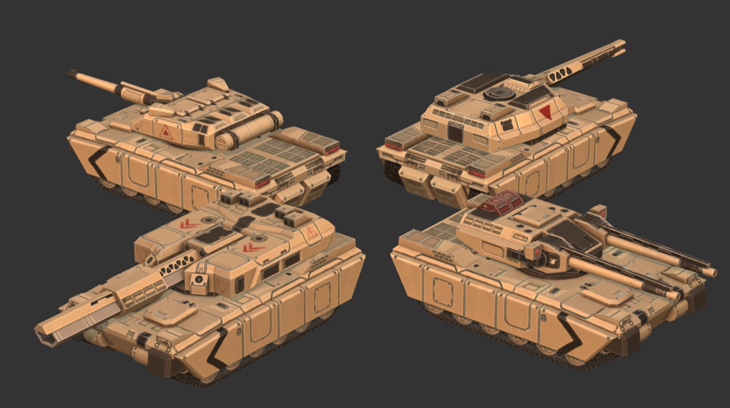 A commissioned model of a fictional sci-fi tank. My commissioner wanted 4 different turrets, a standard turret, a double turret, a heavy turret, and a railgun.

Made with 3DSMax and Substance Painter 3d model