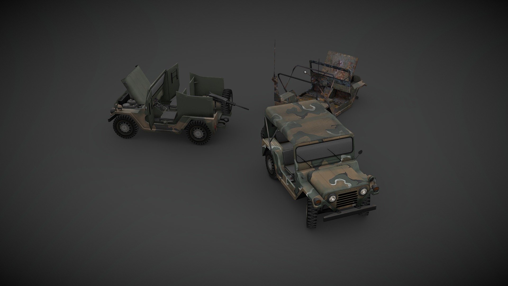 Showcase of the 1974 AM General M151A2 Military Utility Tactical Truck, I’ve made for project ZOMBOID, low poly but with a high detail texture, optimized for game engine. This version is not a 100% true to the original since there are some compromises I’ve had to make to present it here.

You can find the actual version in project ZOMBOID STEAM Workshop 3d model