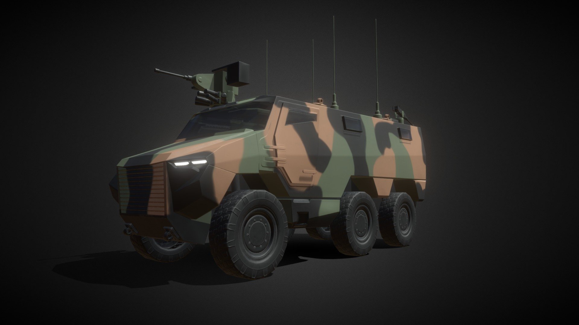 VBMR Griffon.

French military vehicle with camouflage, clean, ready for real time. 
Textured with Substance painter, baked with substance Designer.
Map : Opacity, roughness, Base Color, Emissive, Normal - VBMR Griffon - Camouflage Clean - Low Poly - Buy Royalty Free 3D model by Tronatic 3d model