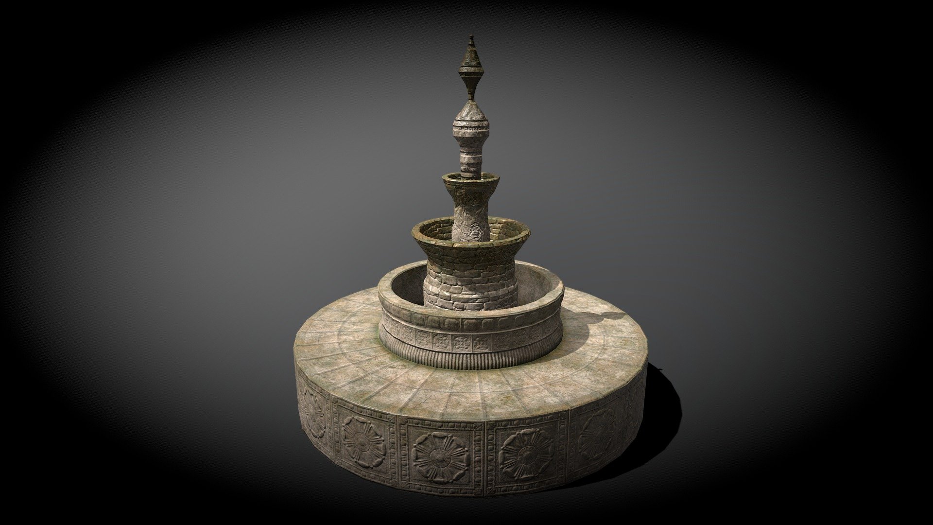 Medieval Garden Fountain. It has very little water to just give it a wet look on the stone. This way no need for animation but still get the wet look 3d model