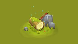 Great Log Hammer tree, grass, cute, hammer, log, medieval, butterfly, fairy, nature, weapon, handpainted, blender, lowpoly, blender3d, hand-painted, fantasy, magic, noai