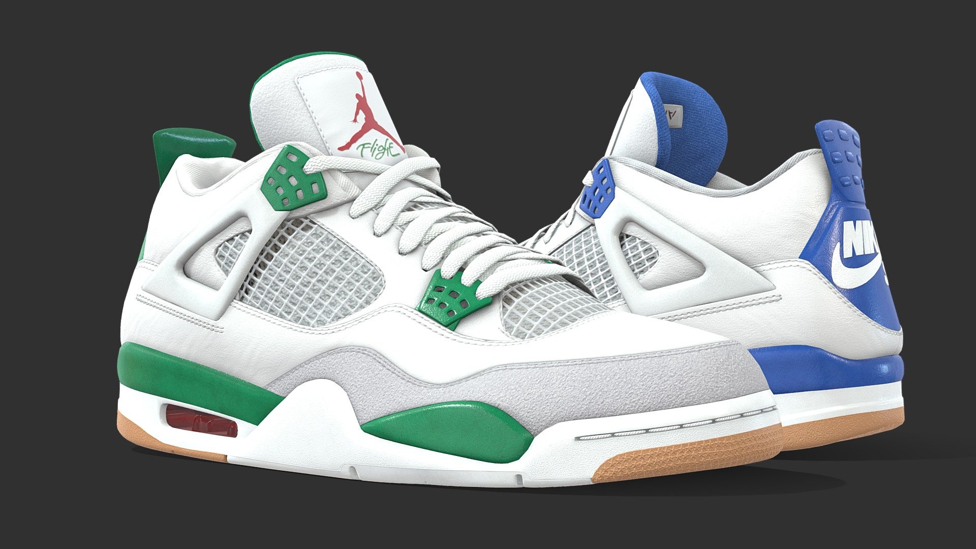 Jordan 4 SB in the Pine Green and Sapphire Blue colourways. The Pine Green released in March 2023 with the Sapphire Blue rumoured to release sometime after. 

Optimised, low poly version of my Jordan 4 model in 2 new colourways. The mesh uses one texture set per shoe and each shoe has a polycount of 24,636. This version would be ideal for in game use, or as an accessory to a render where the shoes are not the focus. 

Included in the additional files: 
Blender file with linked textures
Fbx and OBJ version
All textures (Base Color, Roughness, Normal, AO, Opacity) 

Opacity was use on the air bubble and mesh parts of the upper. You can use the base color, or opacity map provided to use it. Clean, quad topology was used throughout the shoe (exceptions being on the flat part of the sole) 

If you have any questions or general queries you can contact me here: worksofwall@gmail.com - Jordan 4 SB Pine Green Pack - Buy Royalty Free 3D model by Joe-Wall (@joewall) 3d model