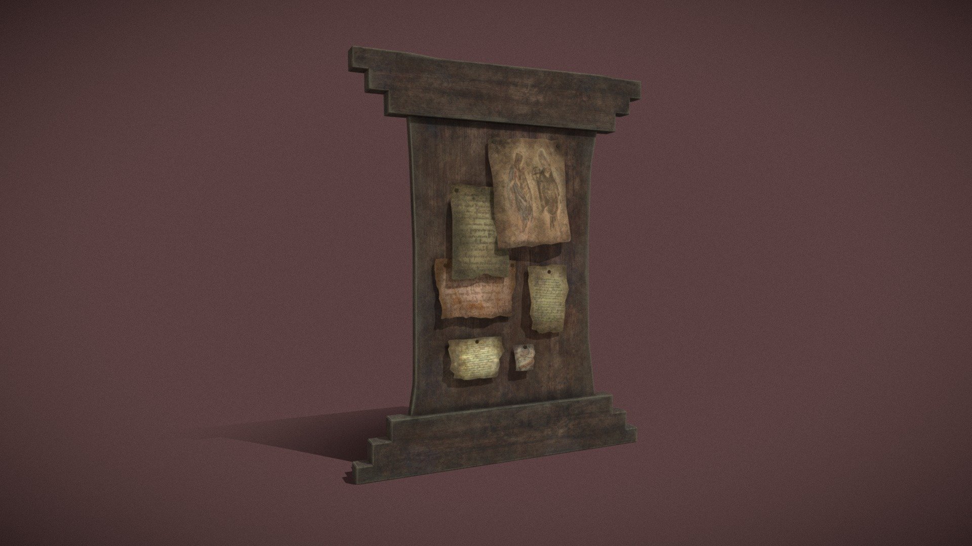Worn Medieval Notice Board 3D Model Worn Papers and Decor on Wooden Notice Board 3d model