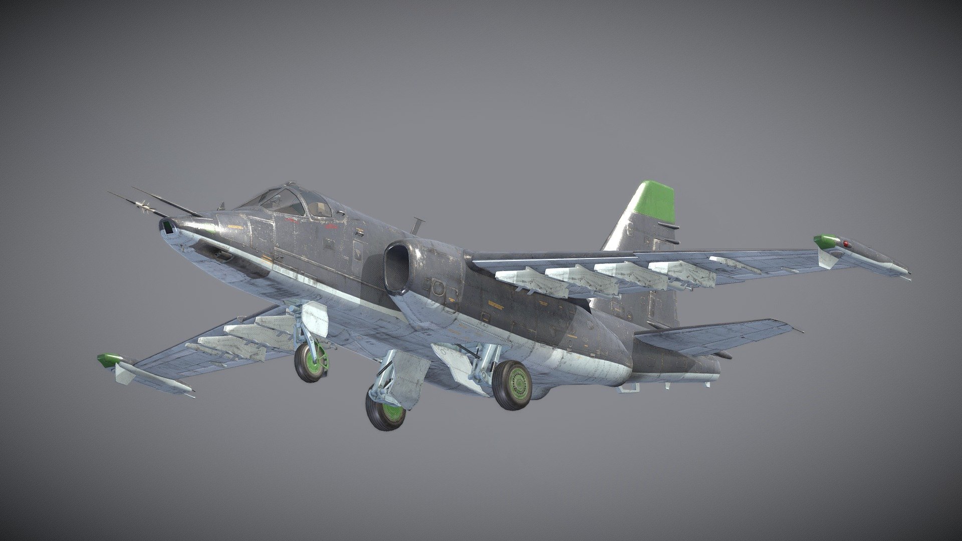 The Sukhoi Su-25 Grach (Russian: Грач (rook); NATO reporting name: Frogfoot) is a subsonic, single-seat, twin-engine jet aircraft developed in the Soviet Union by Sukhoi. It was designed to provide close air support for Soviet Ground Forces. The first prototype made its maiden flight on 22 February 1975. After testing, the aircraft went into series production in 1978 in Tbilisi in the Georgian Soviet Socialist Republic.

must enable cycles and set experimental render engine to get realistic result (For Blender) - [PBR] Sukhoi Su-25 - Download Free 3D model by Immersive3D (@Shepherds) 3d model